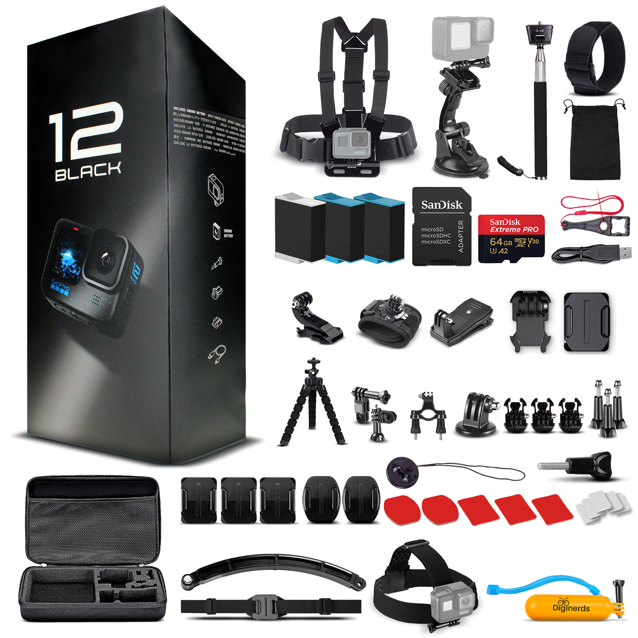 GoPro HERO12 - Action Camera + 64GB Card, 50 Piece Accessory Kit and 2 Batteries