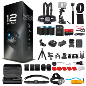 GoPro HERO12 - Action Camera + 64GB Card, 50 Piece Accessory Kit and 2 Batteries