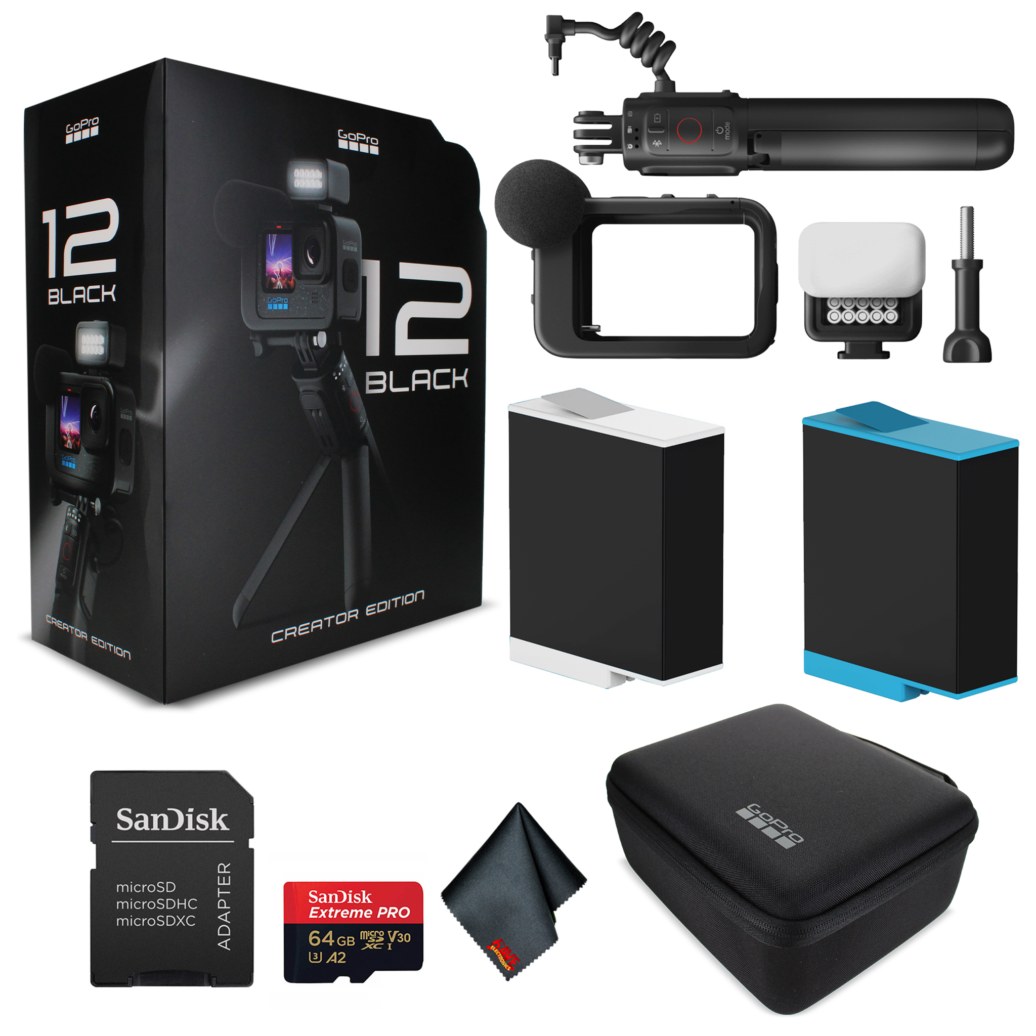 GoPro HERO 12 Creator Edition - with Volta Battery Grip, Tripod, Remote , Media Mod, Light Mod, Enduro Battery - Waterproof Action Camera + 64GB Extreme Pro Card and Extra Battery