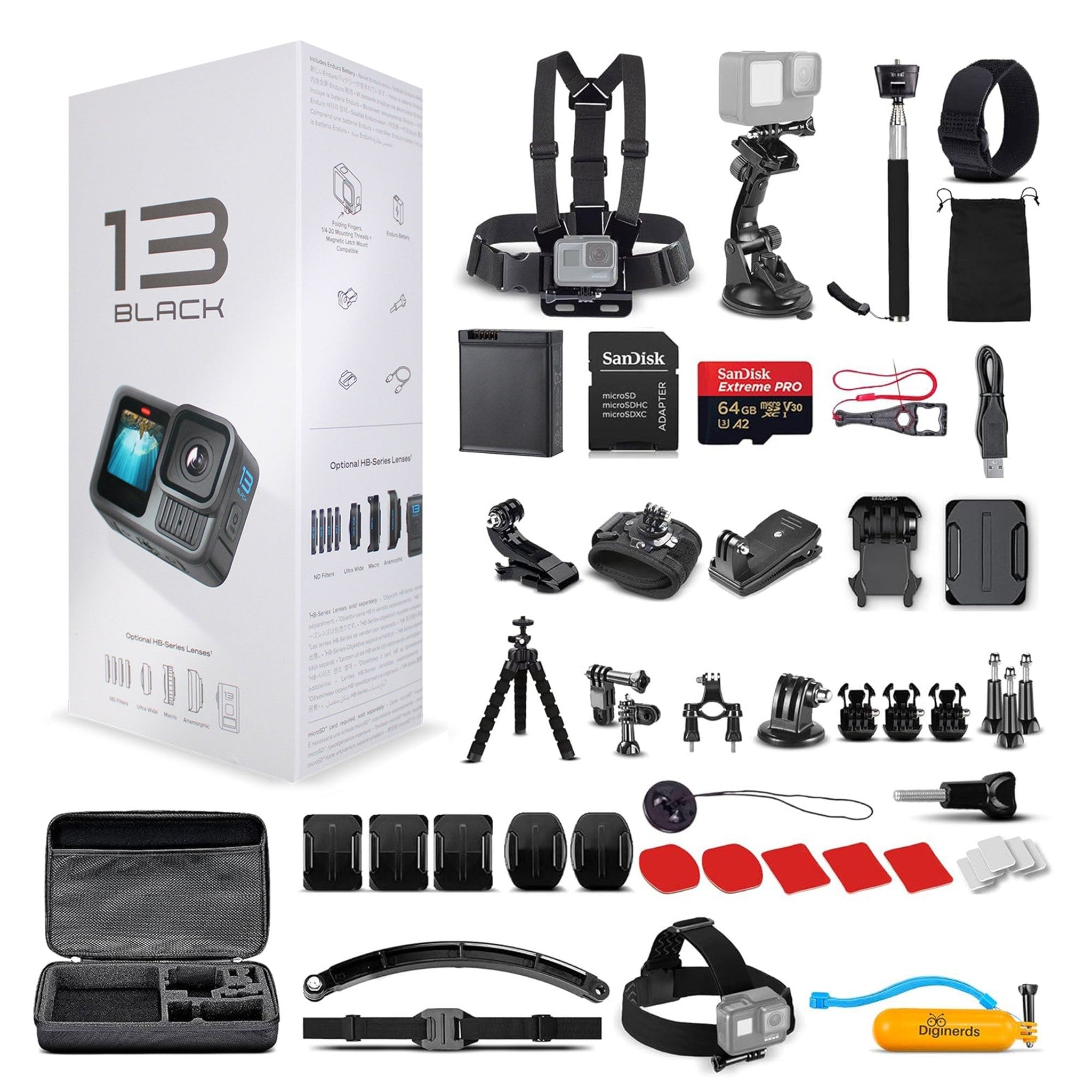 GoPro HERO13 Waterproof Action Camera + 64GB Card and 50 Piece Accessory Kit