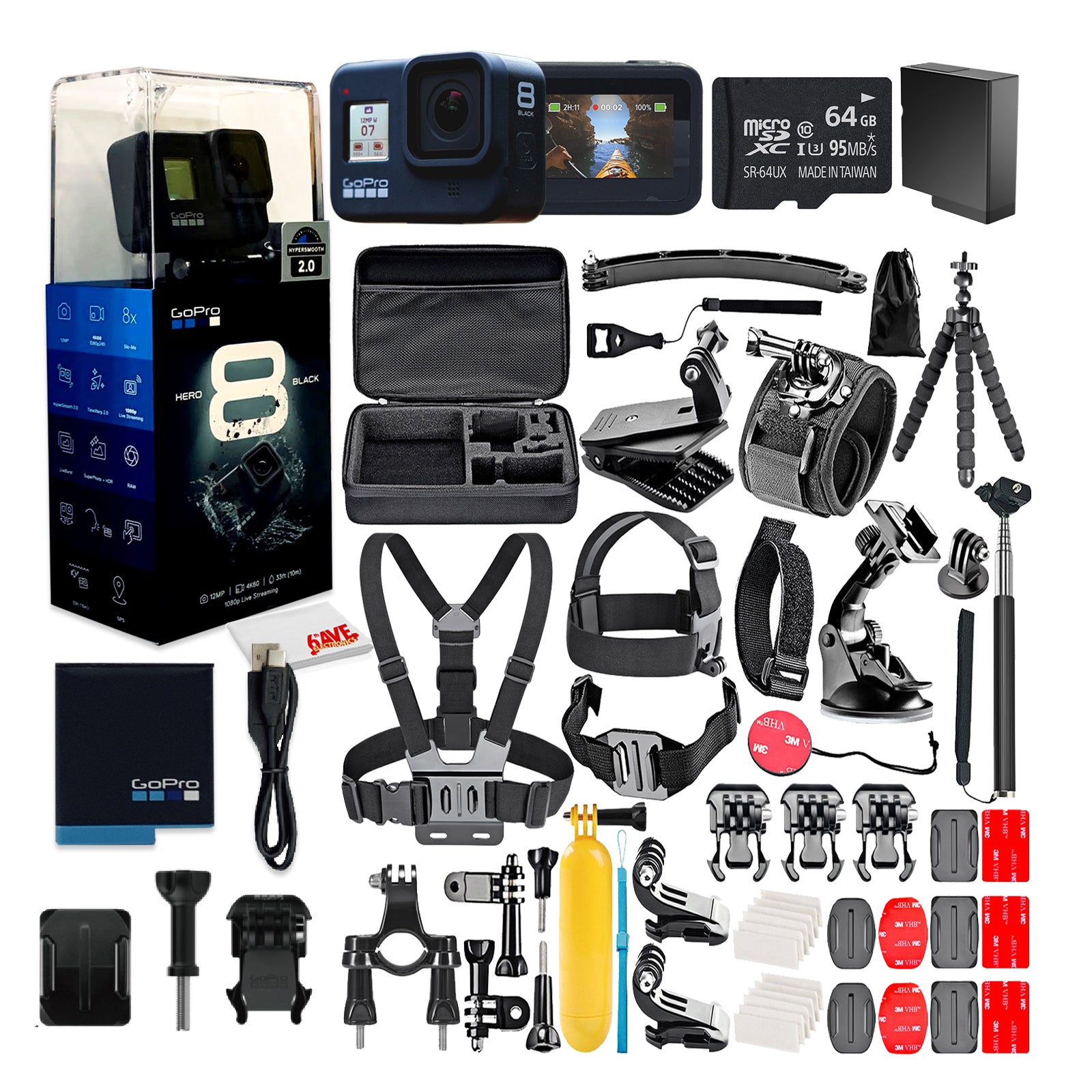 GoPro HERO8 Black Digital Action Camera, Waterproof, Touch Screen - W/ 50 Piece Accessory Kit + 64GB Memory Card + Extra Battery