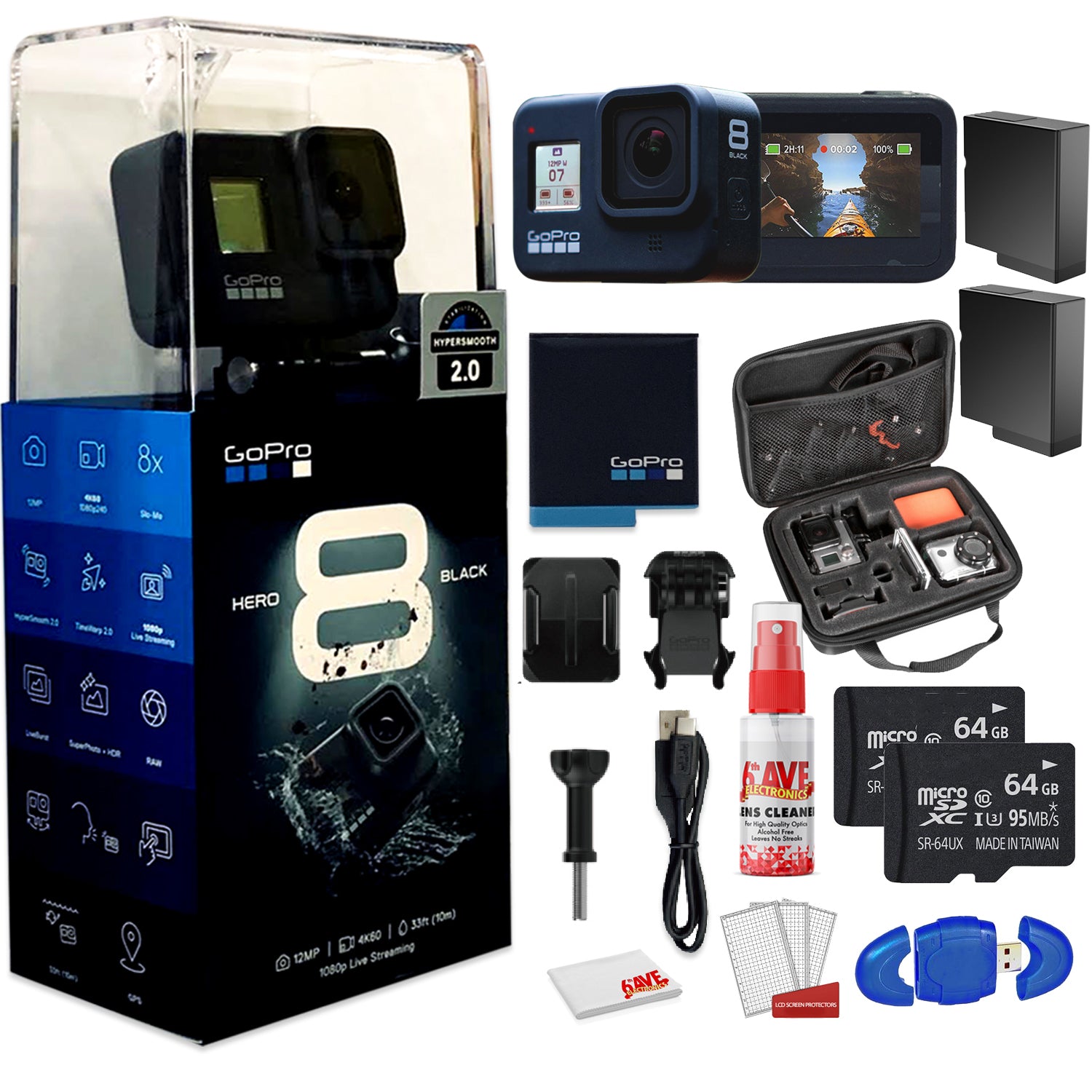 GoPro HERO8 Black Digital Action Camera - Waterproof - With Cleaning Set + Case + 2 x 64GB Memory Card and 2 x Extra Batteries