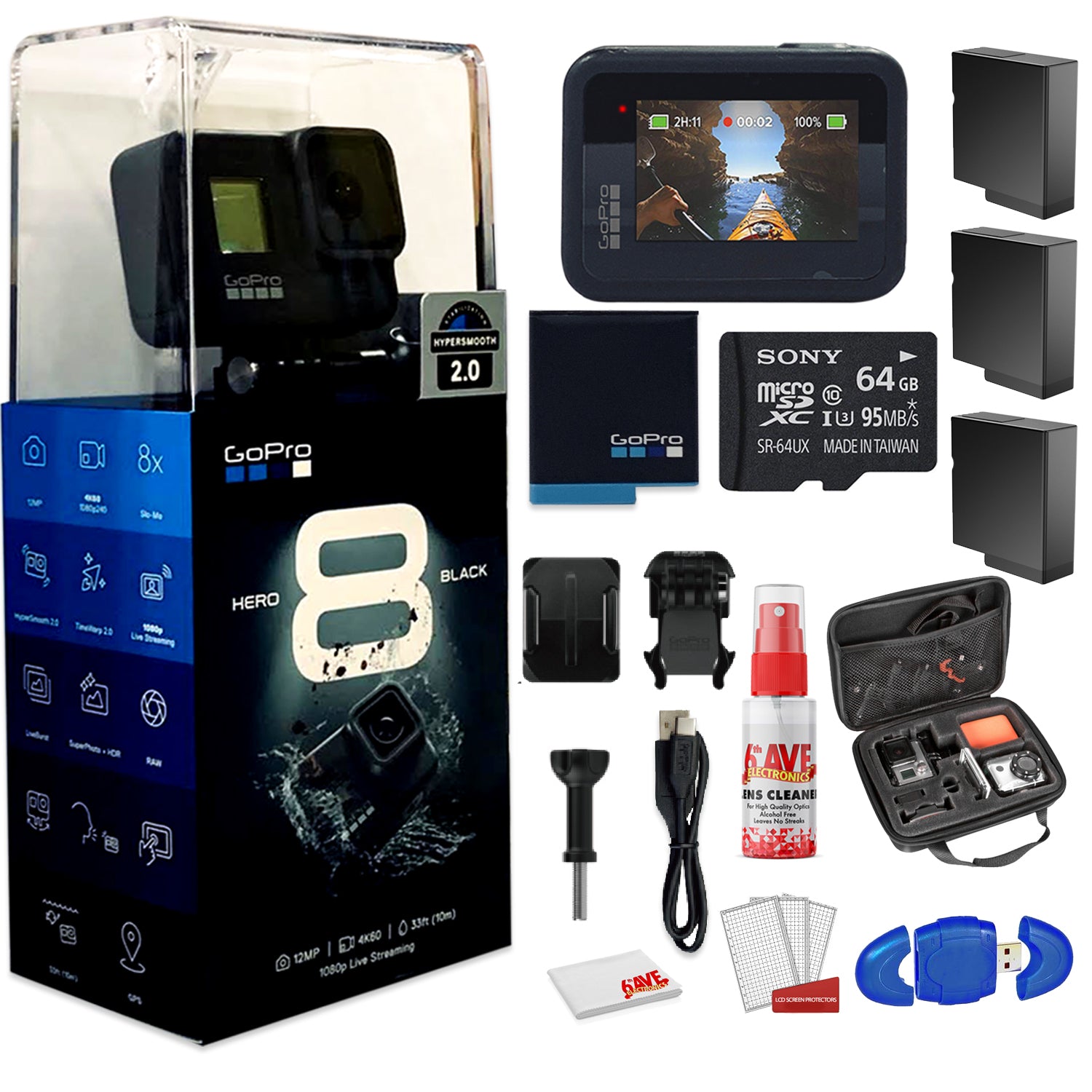 GoPro HERO8 Black Digital Action Camera - Waterproof - With Cleaning Set + Case + 64GB Memory Card and 3 x Extra Batteries