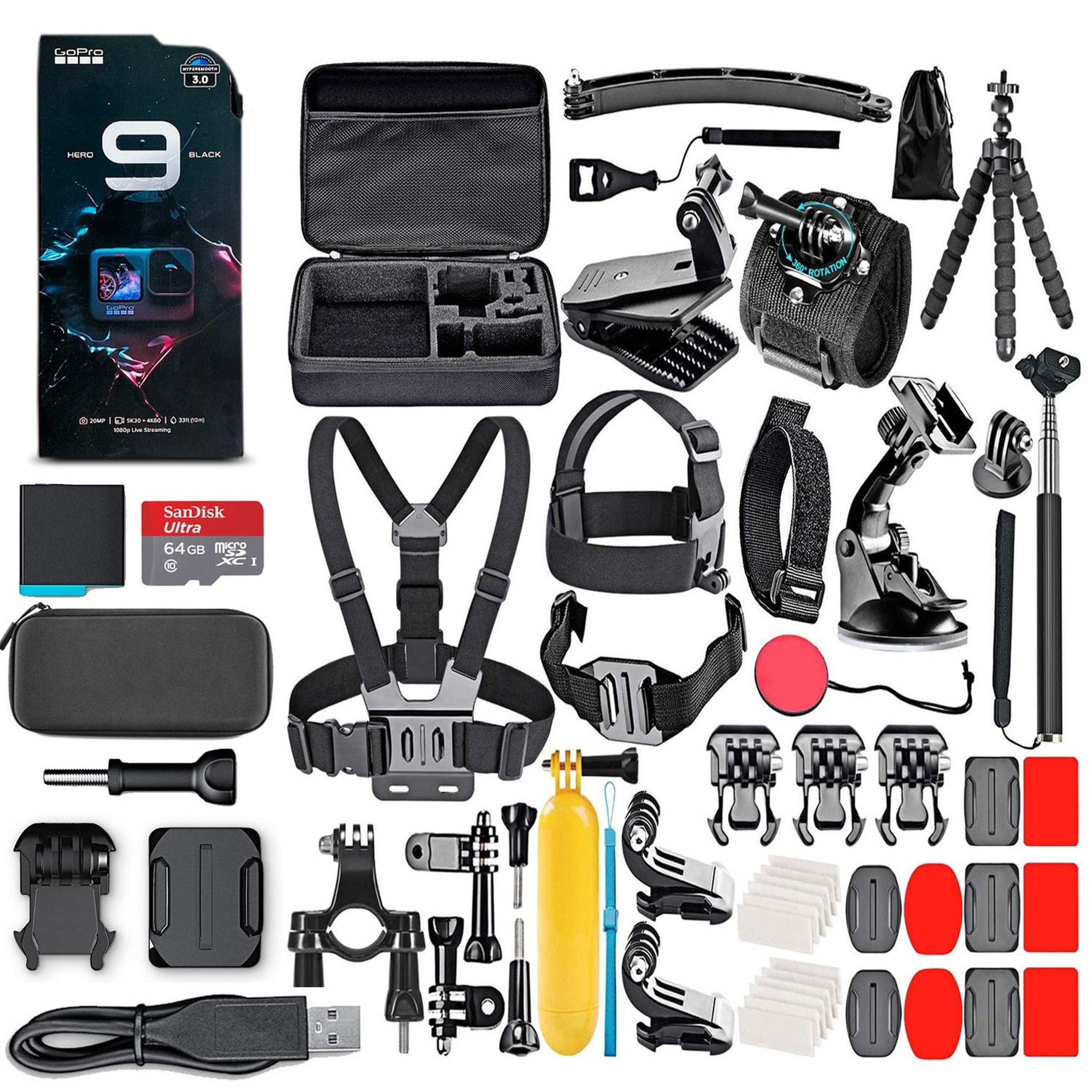 GoPro HERO9 Black with 64GB Card & 50 Piece Accessory Kit - Loaded Bundle GoPro