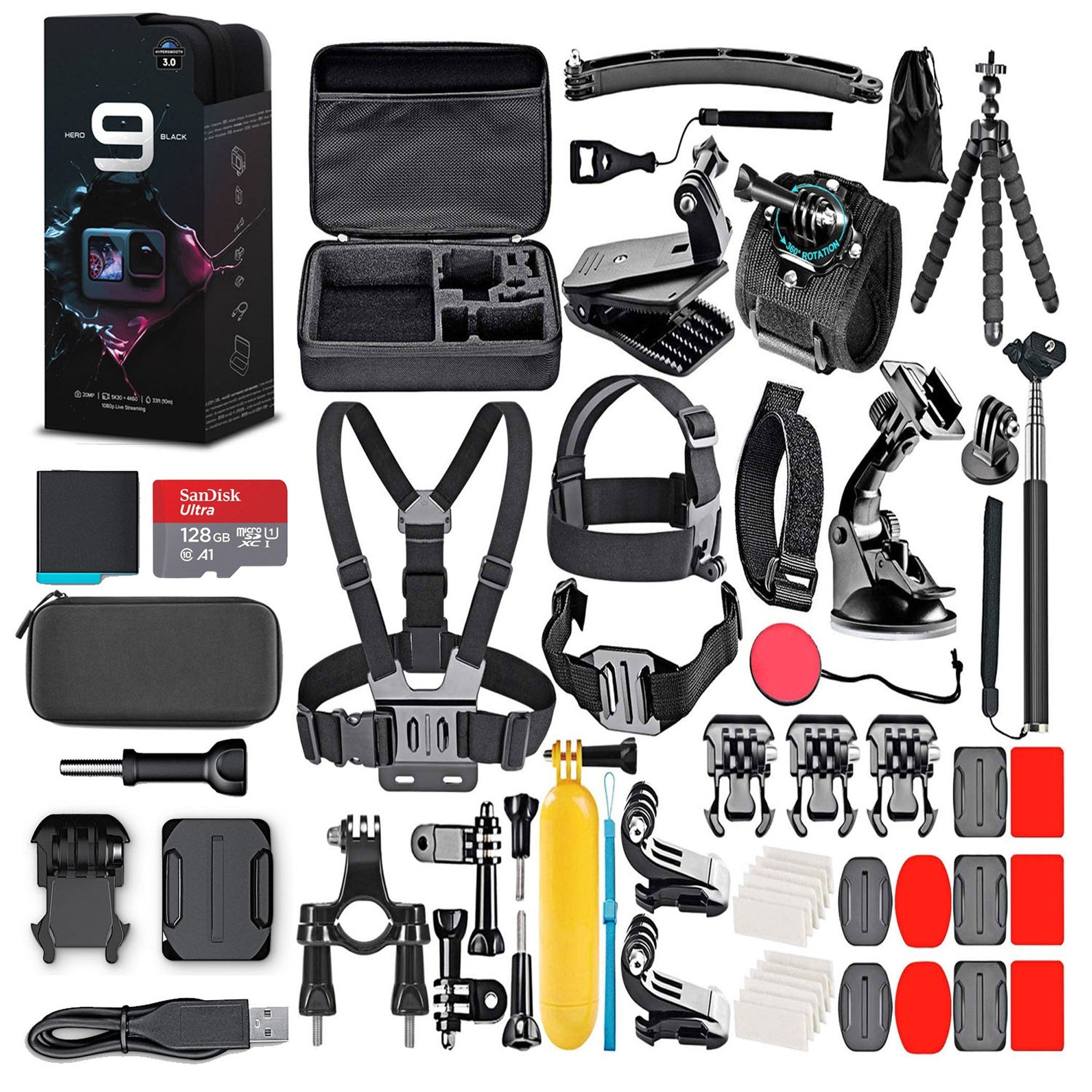 GoPro HERO9 Black with 128GB Card & 50 Piece Accessory Kit - Loaded Bundle GoPro