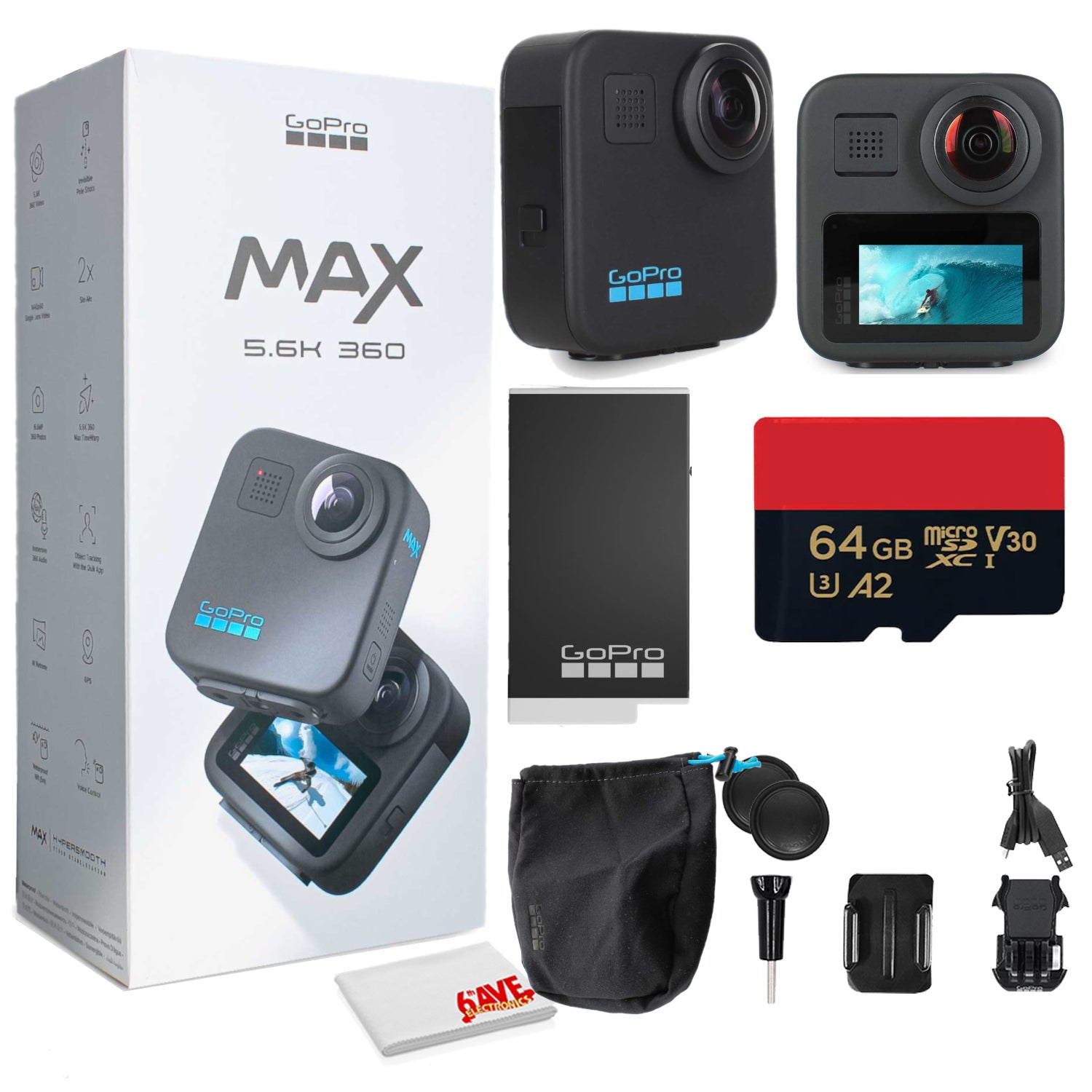 GoPro MAX 360 2025 Waterproof Action Camera - With Cleaning Set + 64GB Memory Card and More