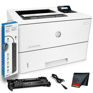 HP LaserJet Pro M501dn Monochrome Laser Printer With Built-in Ethernet And Duplex Printing J8H61A With Power Strip Surge Protector and Cleaning Cloth