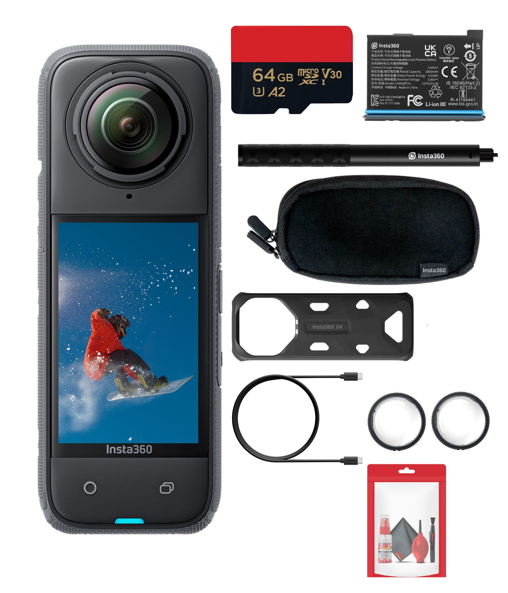 Insta360 X4 - Waterproof 360 Action Camera + Selfie Stick + Guards + 64GB Card + More