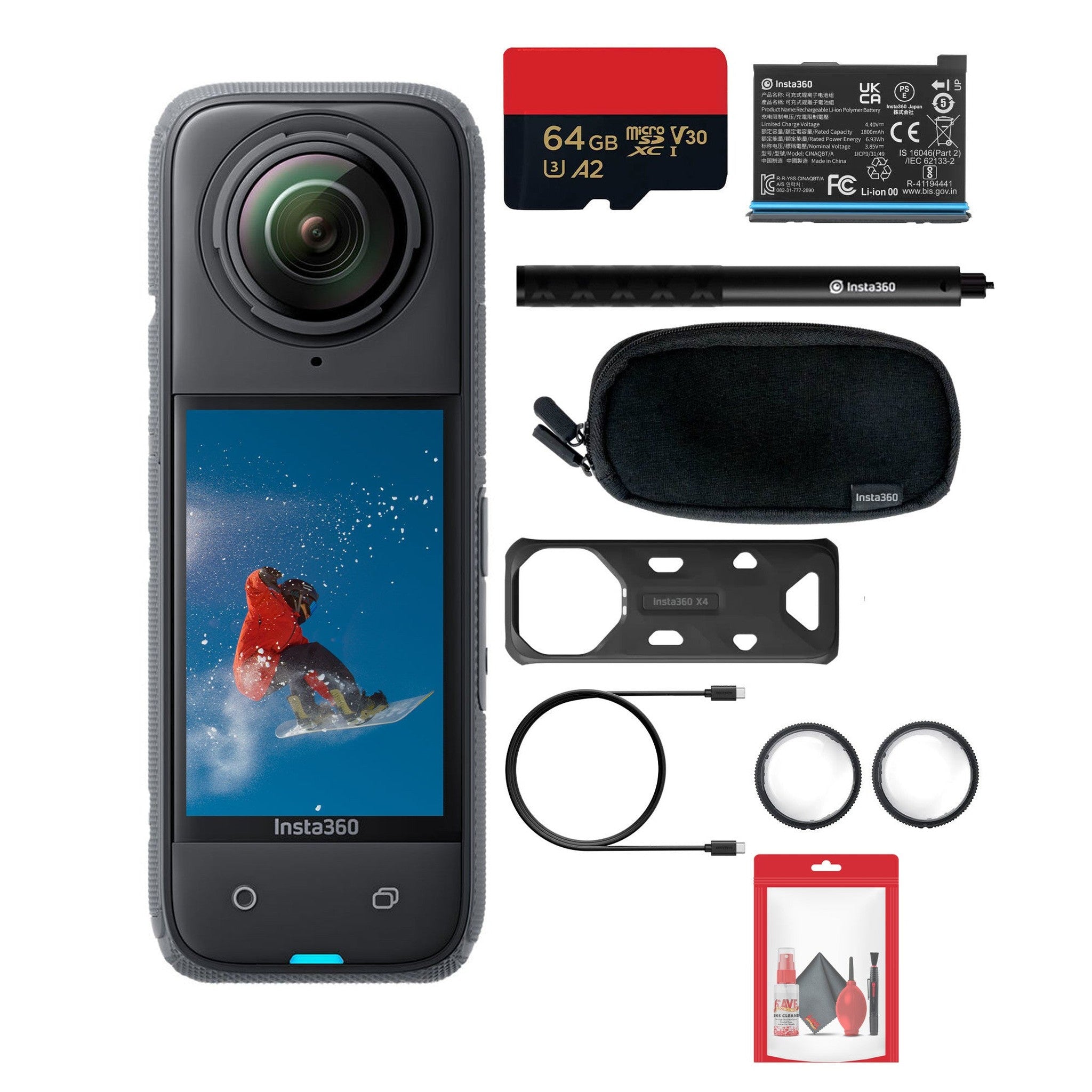 Insta360 X4 - Waterproof 360 Action Camera + Selfie Stick + Guards + 64GB Card + More Insta360