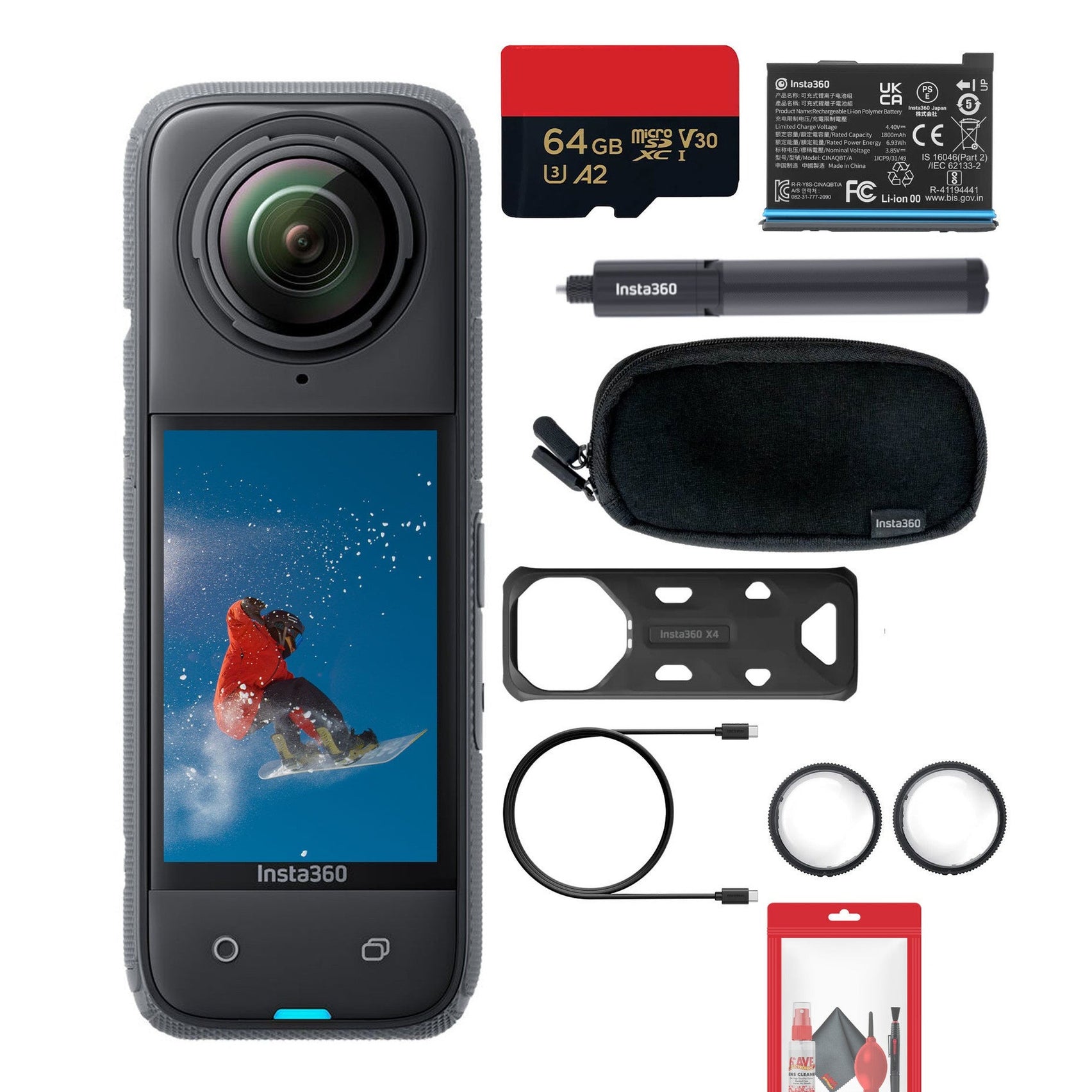 Insta360 X4 - Waterproof 360 Action Camera + Selfie Stick + Guards + 64GB Card + More