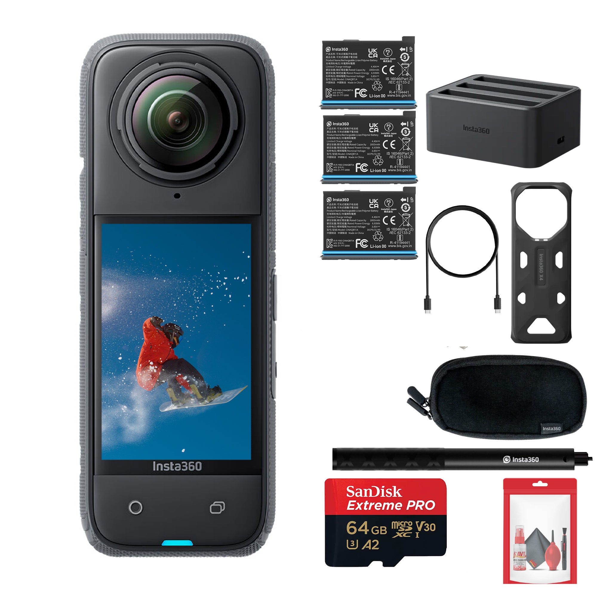 Insta360 X4 - Waterproof 360 Action Camera + 2 Extra Batteries + Charger + More