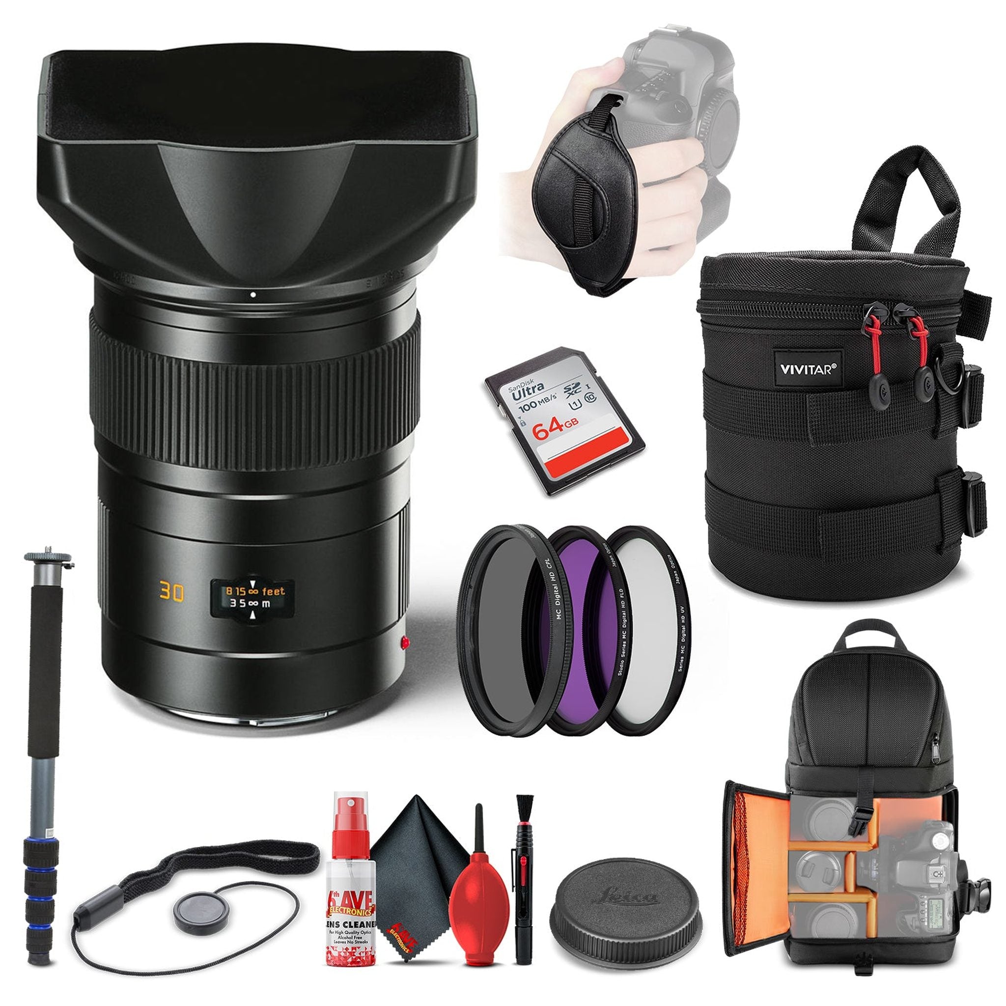 Leica Elmarit-S 30mm f/2.8 ASPH Lens 11073 + 64GB Memory Card + Padded Case + Filters + BackPack + Full Size Monopod Bundle Leica