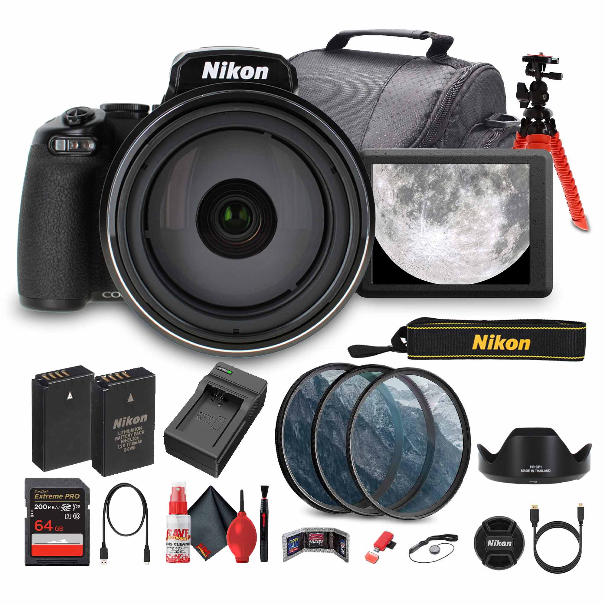 Nikon COOLPIX P1100 125x Super Zoom Compact Digital Camera + 64GB Memory Card - Bundle