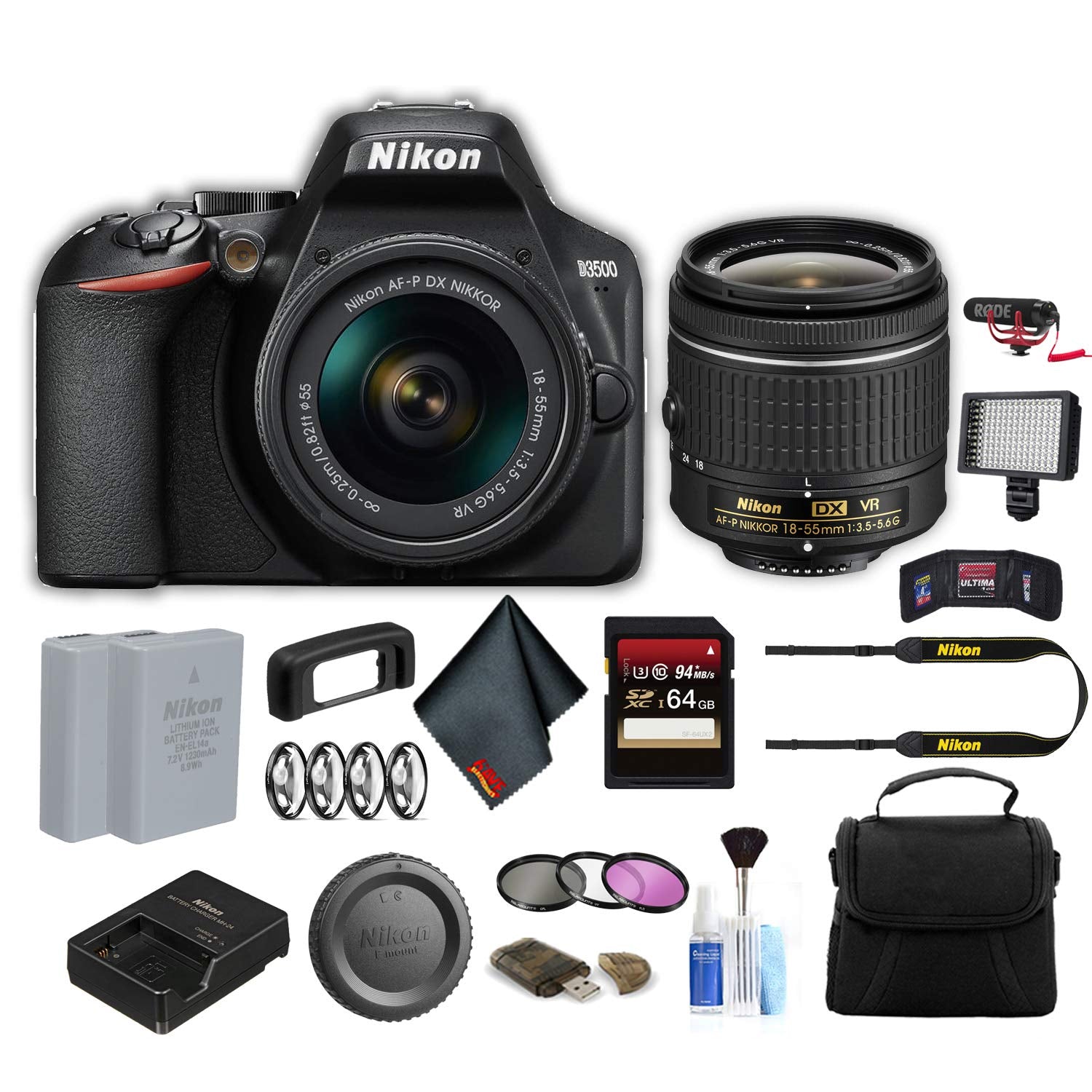 Nikon D3500 DSLR Camera with 18-55mm Lens (1590) Advanced Bundle W/Bag, Extra Battery, LED Light, Mic, Filters and More