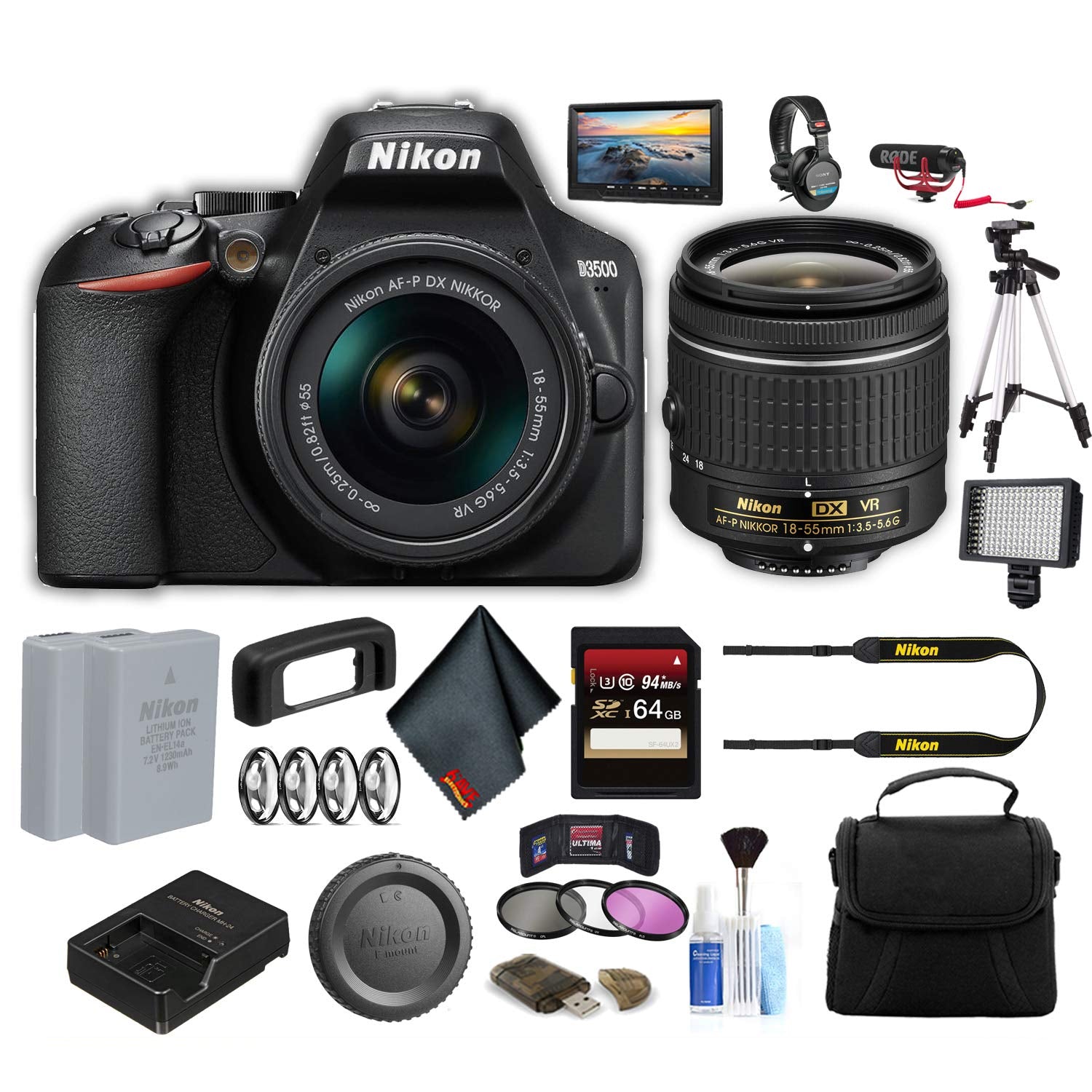Nikon D3500 DSLR Camera with 18-55mm Lens (1590) Professional Bundle W/Bag, Extra Battery, LED Light, Mic, Filters, Tripod, Monitor and More