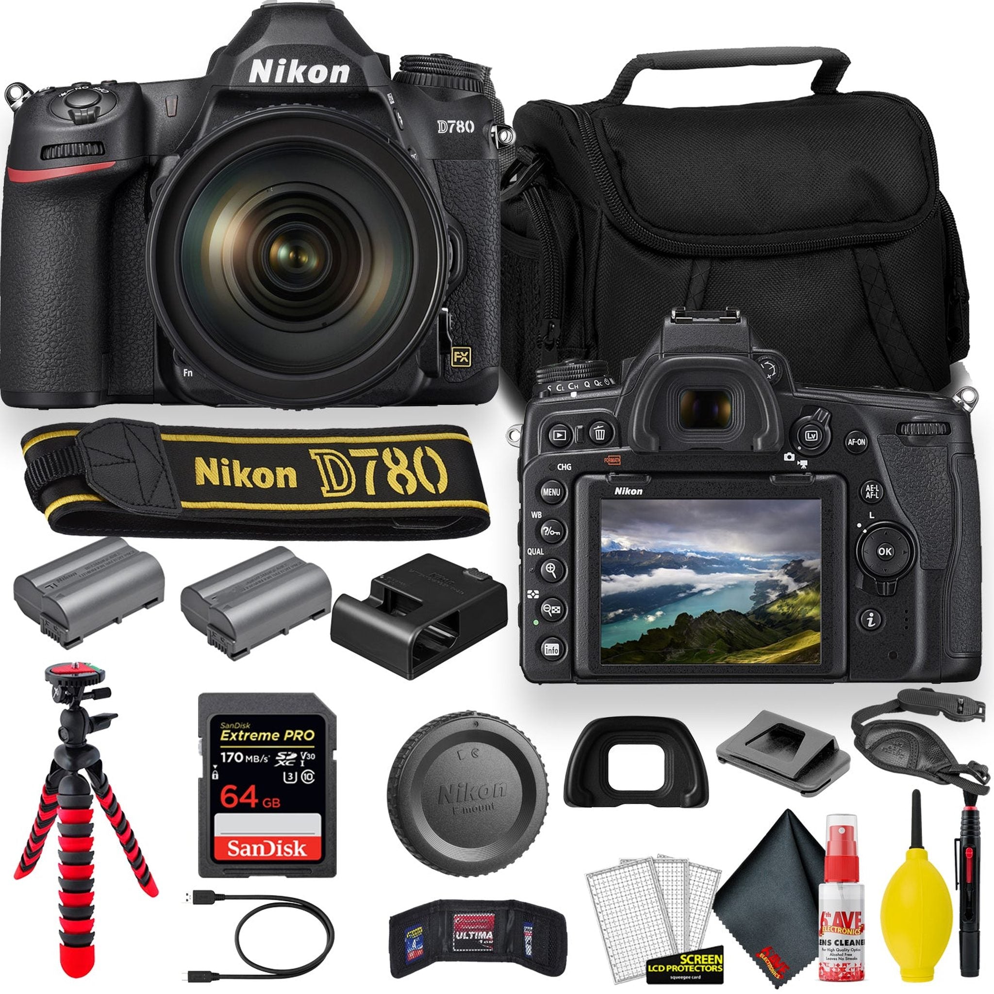 Nikon D780 24.5 MP Full Frame DSLR Camera 1618 - Accessory Bundle - With Sandisk Extreme Pro 64GB Card + Additional ENEL15 Battery + Nikon Case + Cleaning Set + More Renewed - Reconditioned Nikon