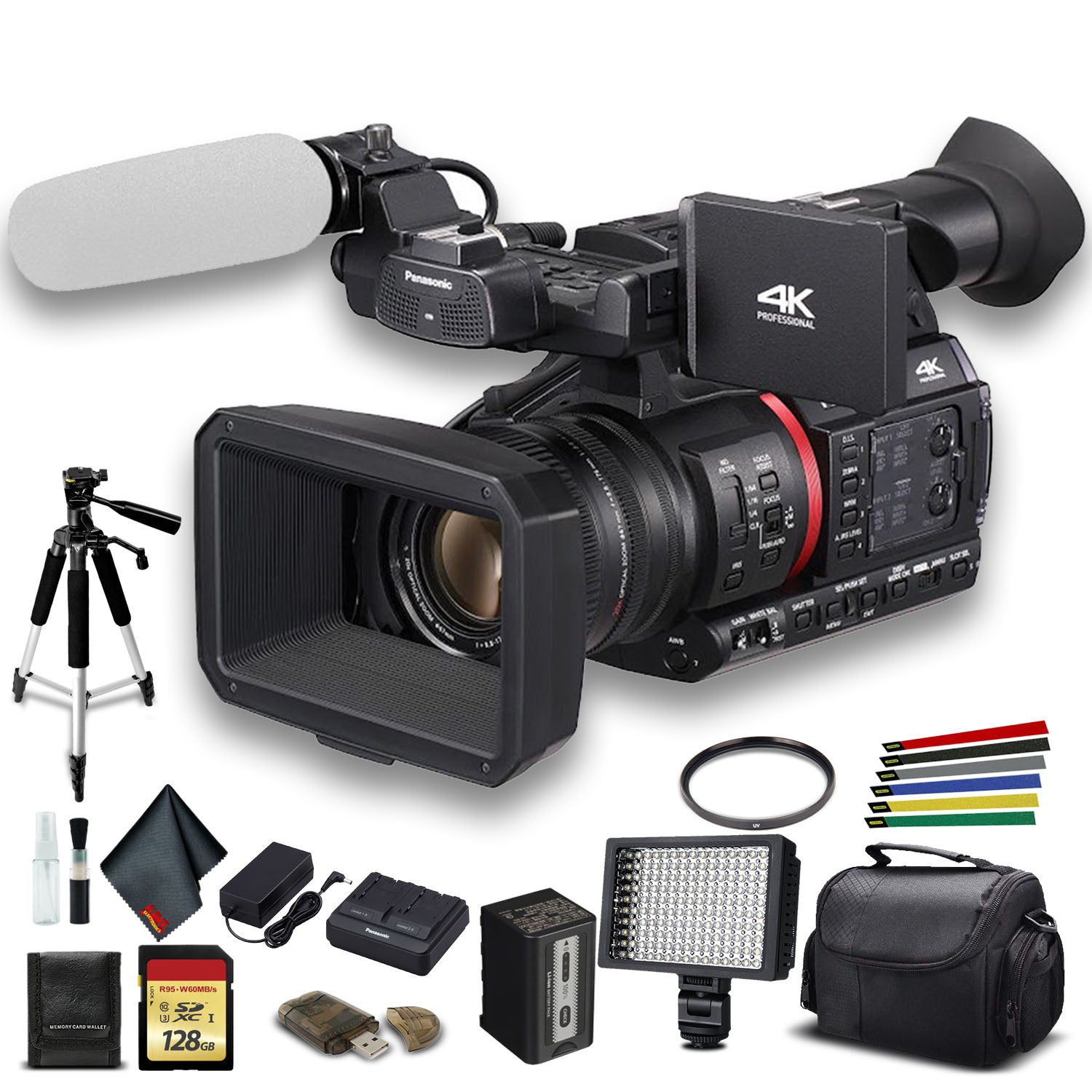 Panasonic AG-CX350 4K Camcorder (AG-CX350) W/Padded Case, 128 GB Memory Card, Heavy Duty Tripod, Wire Straps, LED Light, - Reconditioned