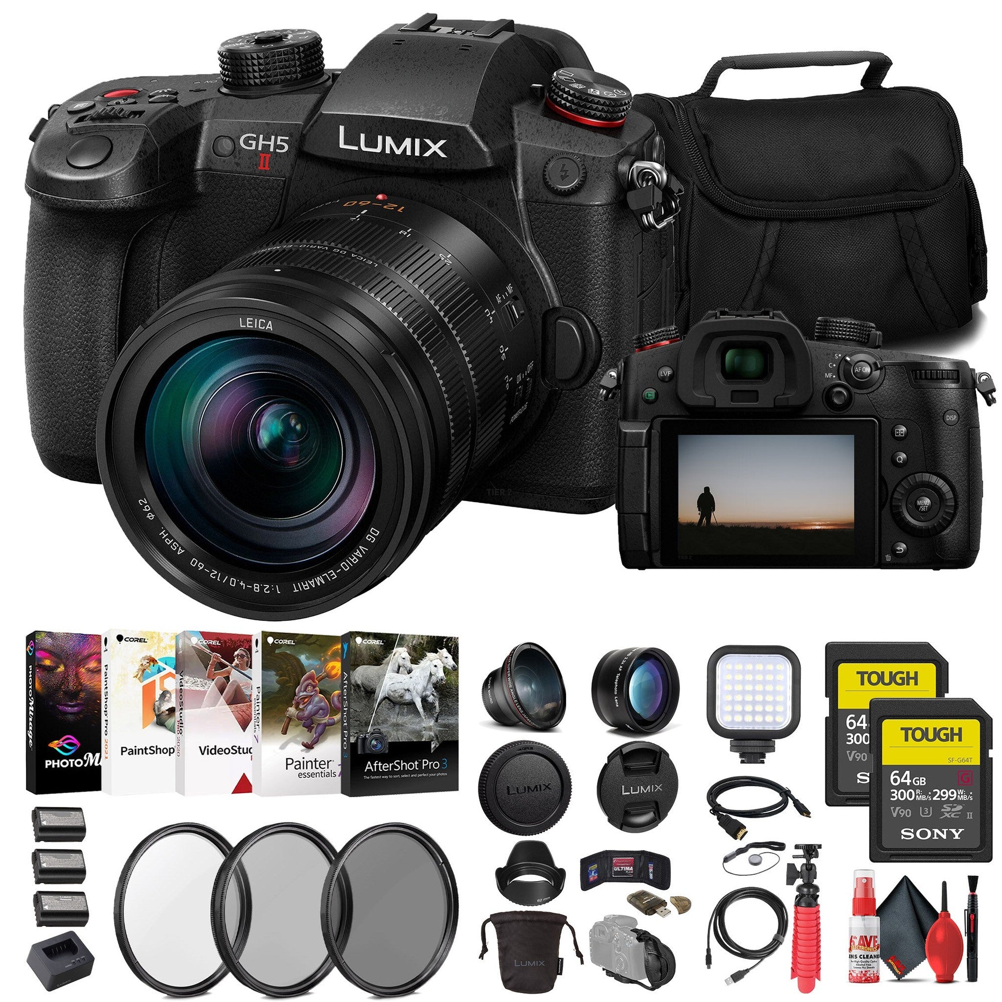 Panasonic Lumix GH5 II Mirrorless Camera W/ 12-60mm Lens + 2 x 64GB Card + More - Reconditioned Panasonic
