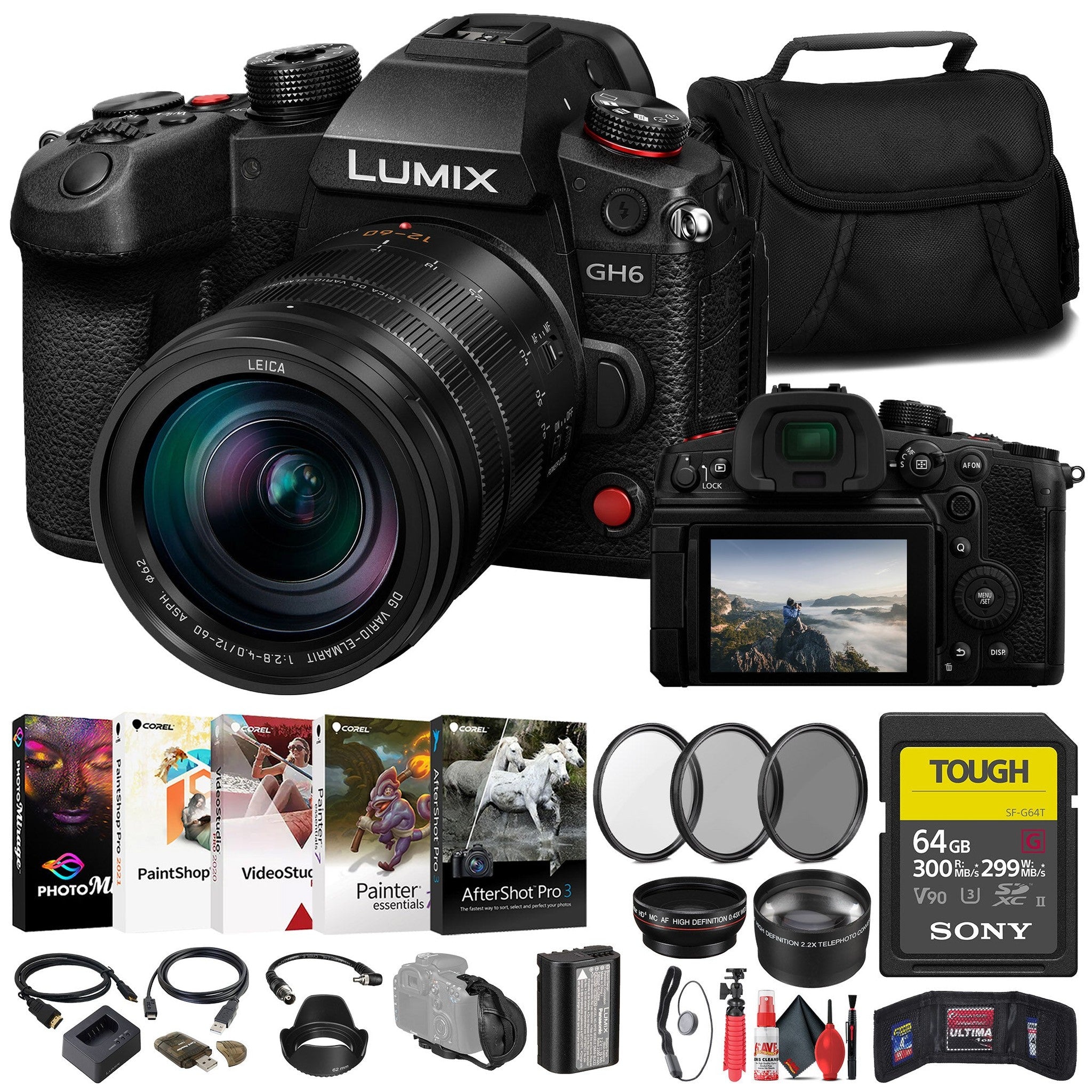 Panasonic Lumix GH6 Mirrorless Camera W/ 12-60mm f/2.8-4 Lens + 64GB Card + More - Reconditioned Panasonic