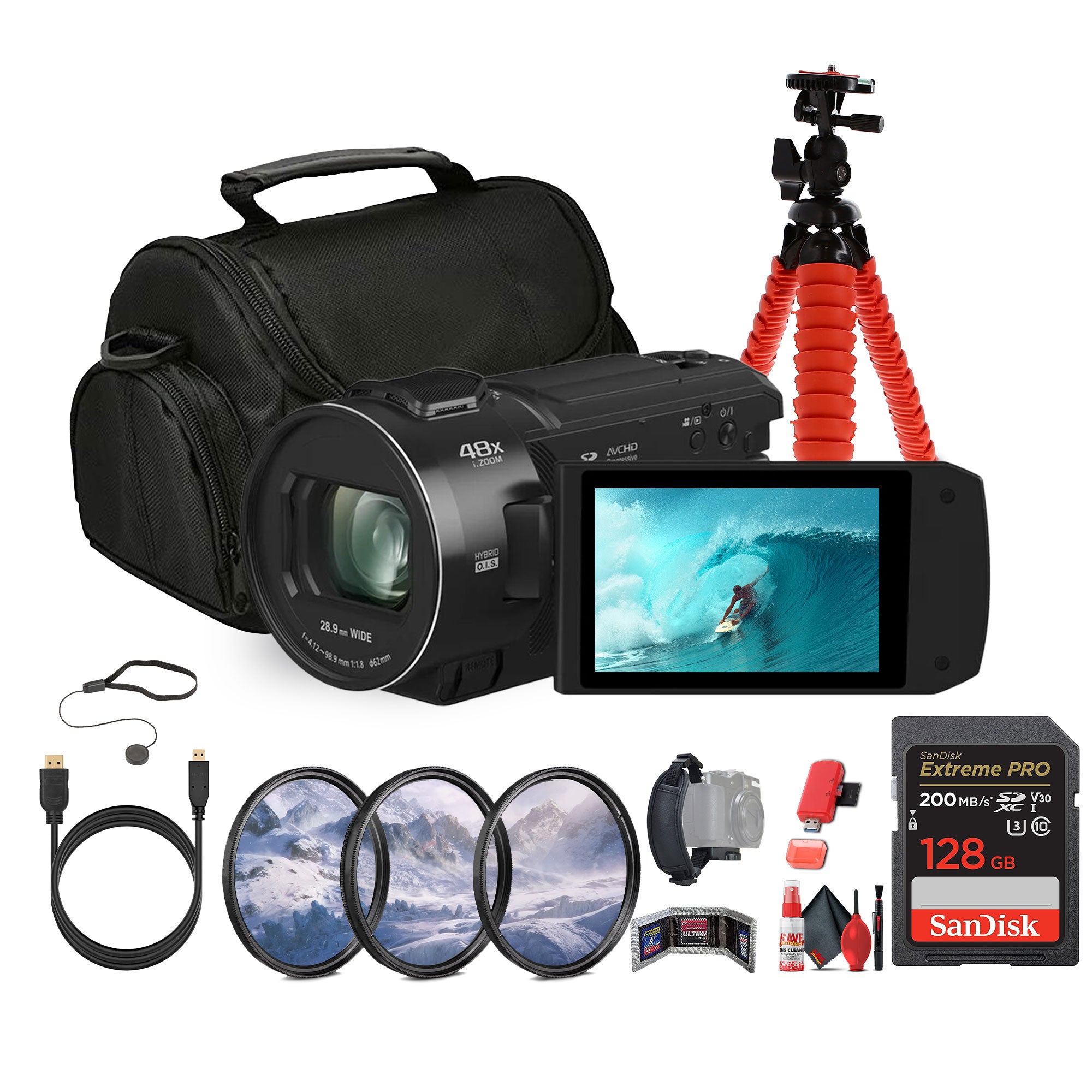 Panasonic HC-V900 Lightweight Full HD Camcorder with 24x Zoom + 128GB Memory Card + More