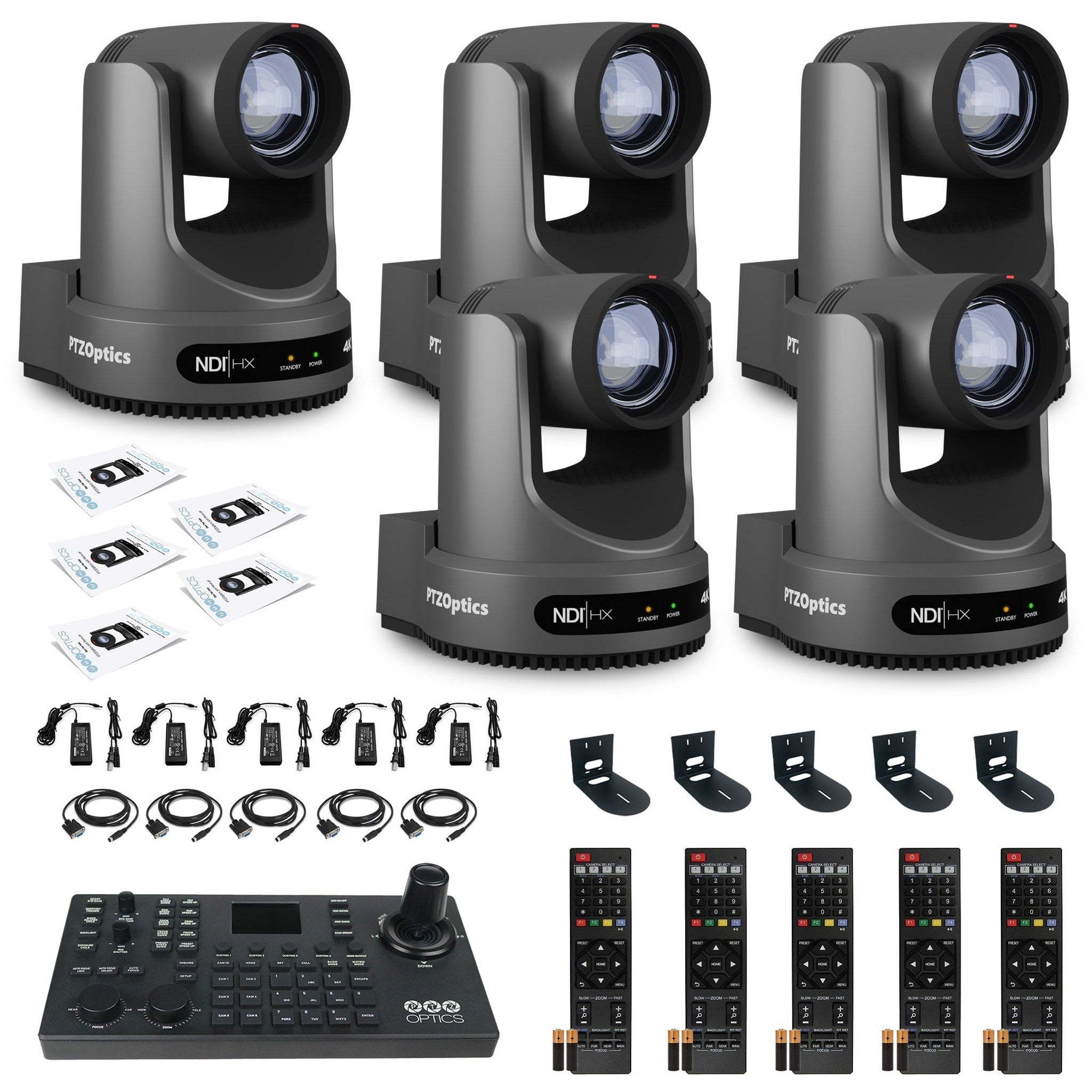 5 x PTZOptics Move 4K PTZ Camera with 12x Zoom (Gray) (PT12X-4K-GY-G3) + SuperJoy PTZ Controller + 5 x Wall Mount