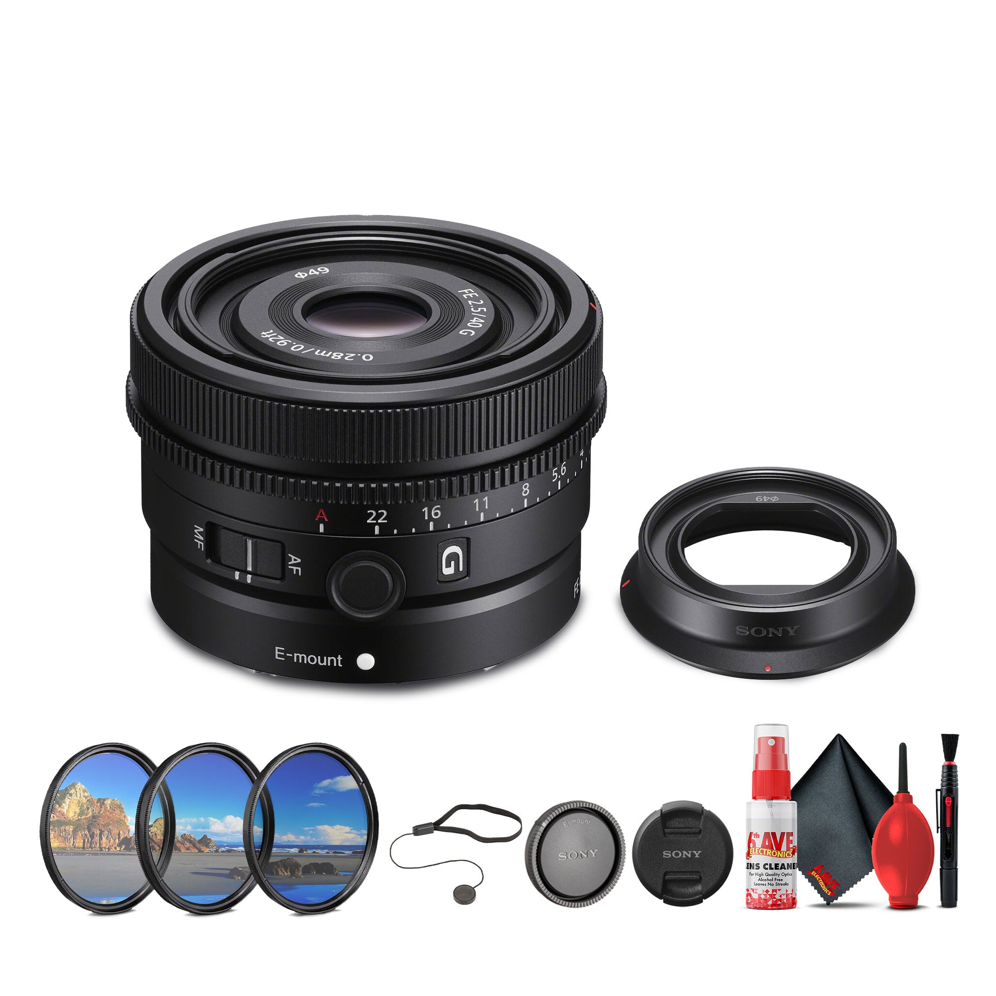 Sony FE 40mm f/2.5 G Full Frame Ultra Compact Lens + Lens Filter Kit + More