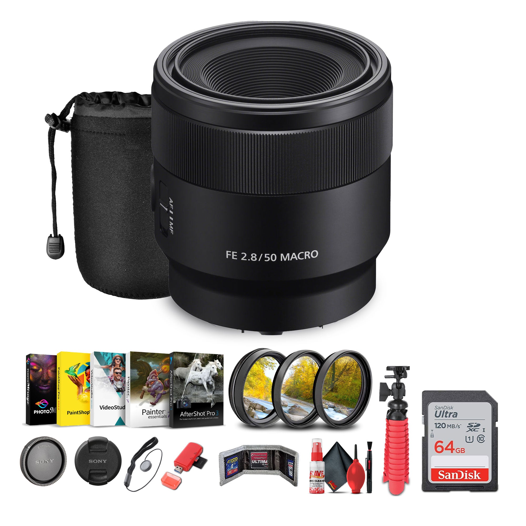Sony FE 50mm f/2.8 Macro Lens + Sling Backpack + Photography Software + More