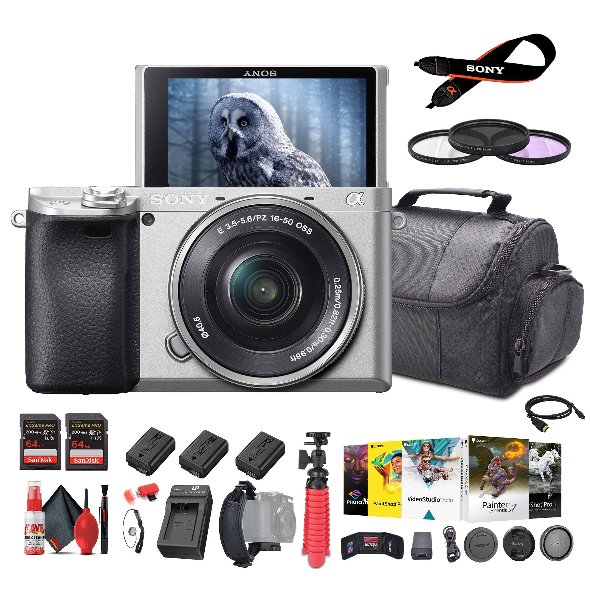 Sony a6400 Mirrorless Camera with 16-50mm Lens (Silver) with Real-Time Eye Auto Focus - Bundle