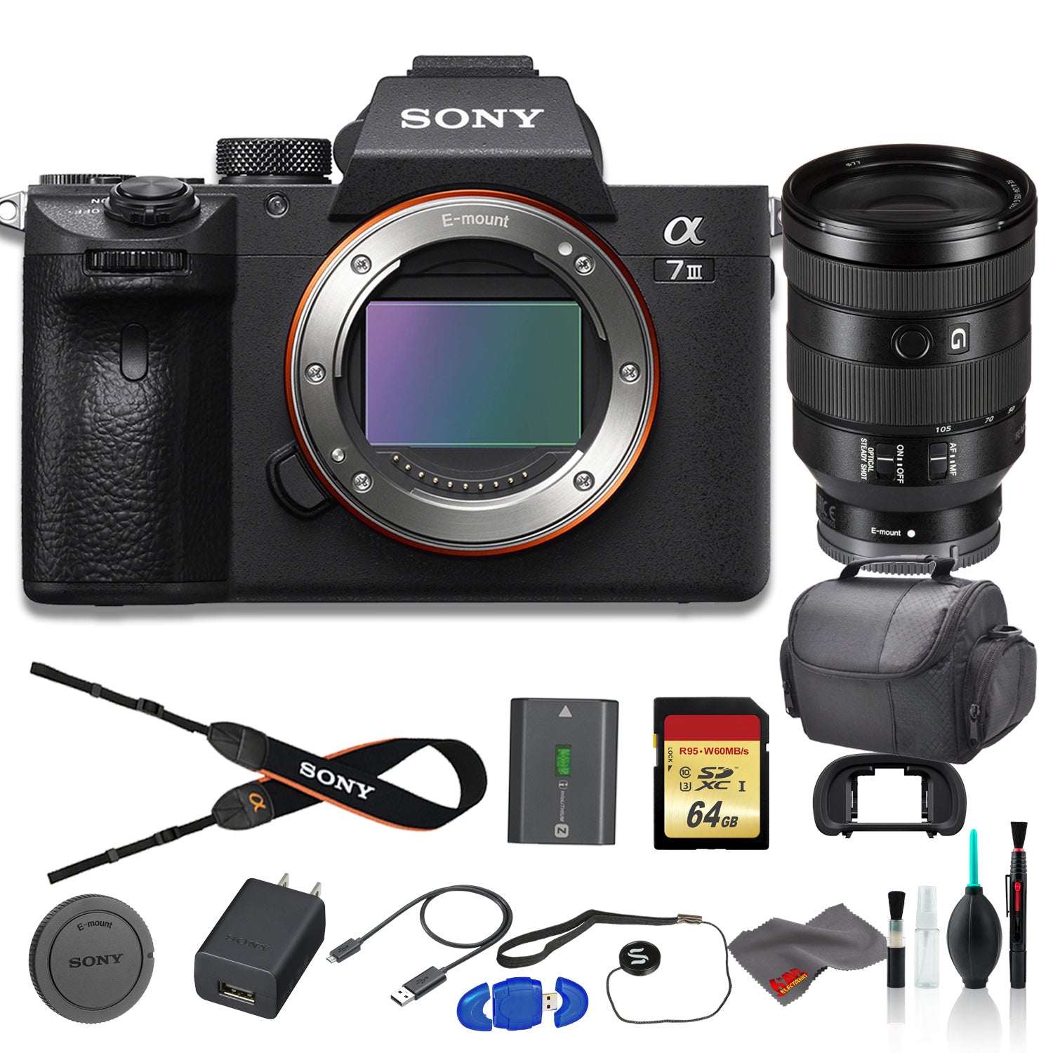 Sony Alpha a7 III Mirrorless Digital Camera Bundle - With Sony FE 24-105mm f/4 Lens, Bag, 64GB Memory Card, Memory Card Reader