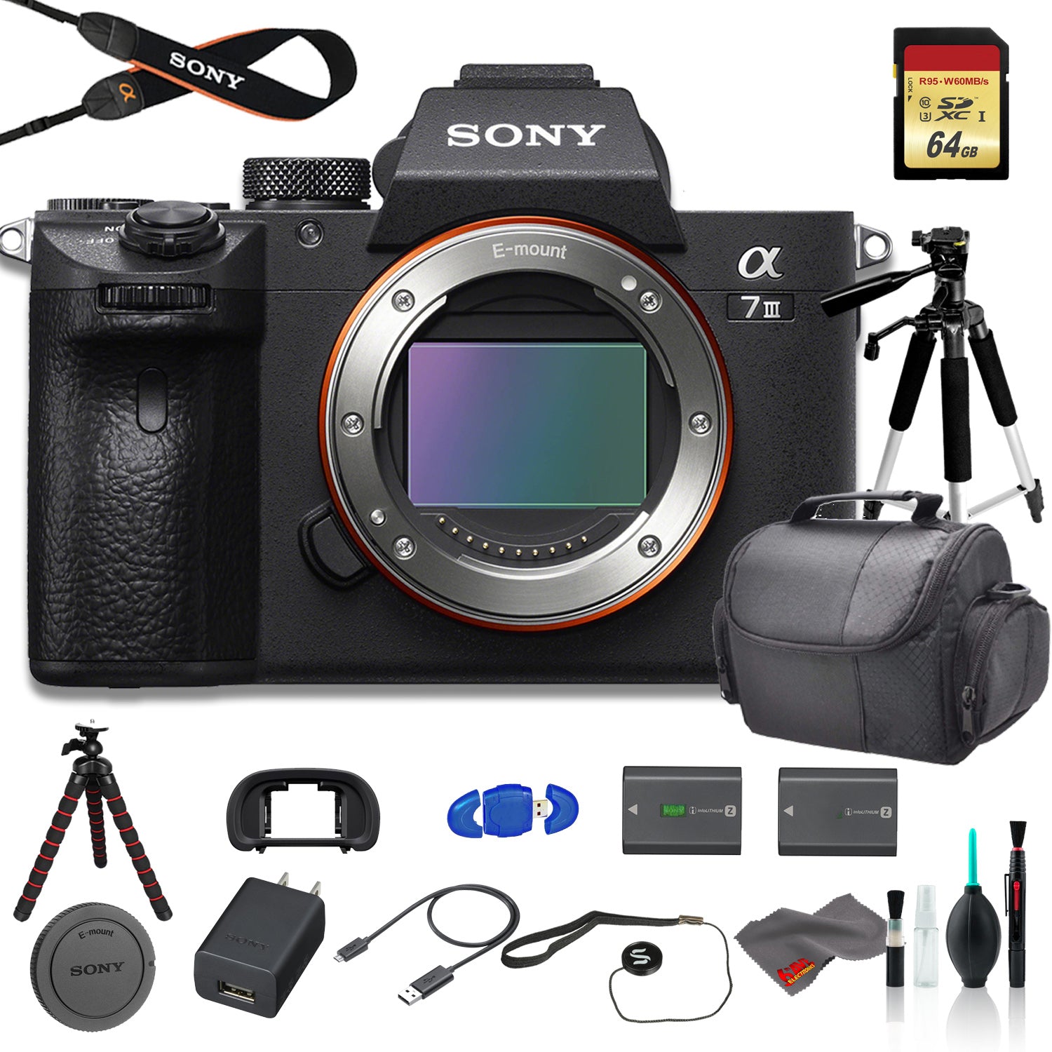 Sony Alpha a7 III Mirrorless Digital Camera (Body Only) Bundle - With Bag, Tripod, Extra Battery, 64GB Memory Card