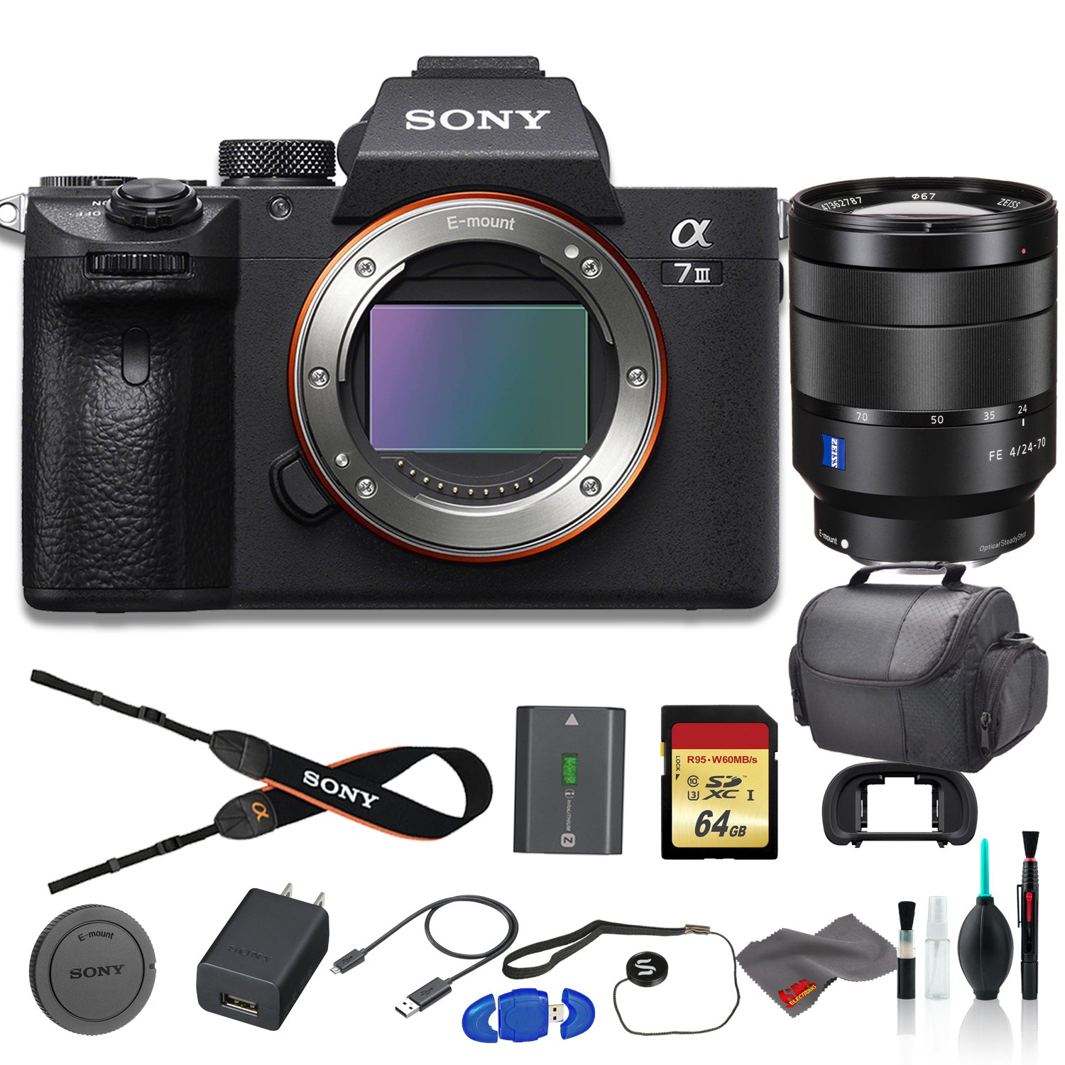 Sony Alpha a7 III Mirrorless Digital Camera Bundle - With Sony FE 24-70mm f/4 Lens, Bag, 64GB Memory Card, Memory Card Reader