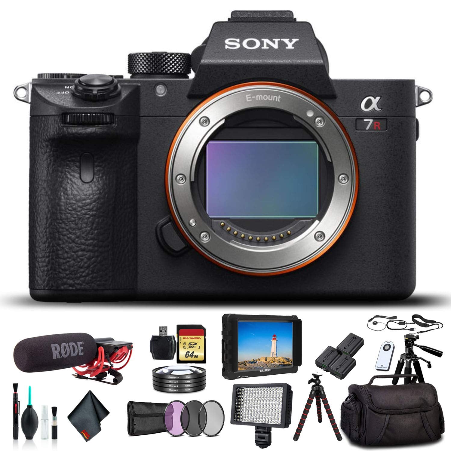 Sony Alpha a7R III Mirrorless Camera ILCE7RM3/B With Bag, 2x Extra Batteries, Rode Mic, LED Light, HD Monitor, 2x 64GB Memory Card, Sling Soft Bag, Card Reader , Plus Essential Accessories