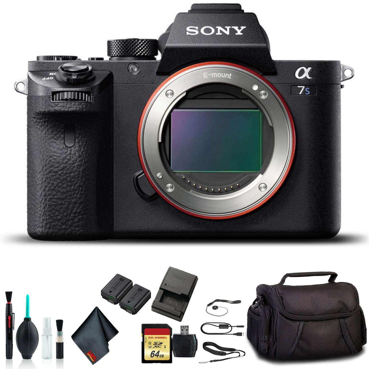 Sony Alpha a7S II Mirrorless Camera ILCE7SM2/B With Soft Bag, 64GB Memory Card, Card Reader , Plus Essential Accessories