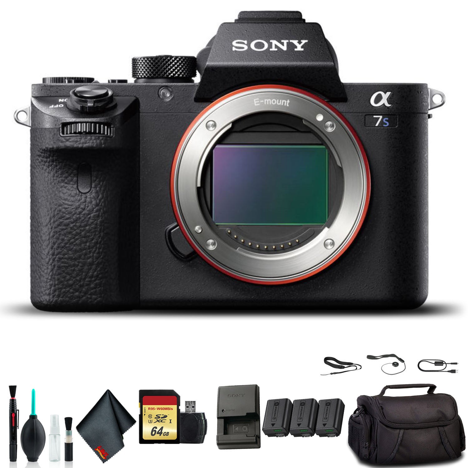 Sony Alpha a7S II Mirrorless Camera ILCE7SM2/B With Soft Bag, Additional Battery, 64GB Memory Card, Card Reader , Plus Essential Accessories