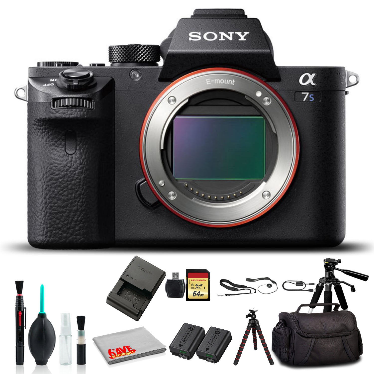 Sony Alpha a7S II Mirrorless Camera ILCE7SM2/B With Soft Bag, Tripod, Additional Battery, 64GB Memory Card, Card Reader , Plus Essential Accessories