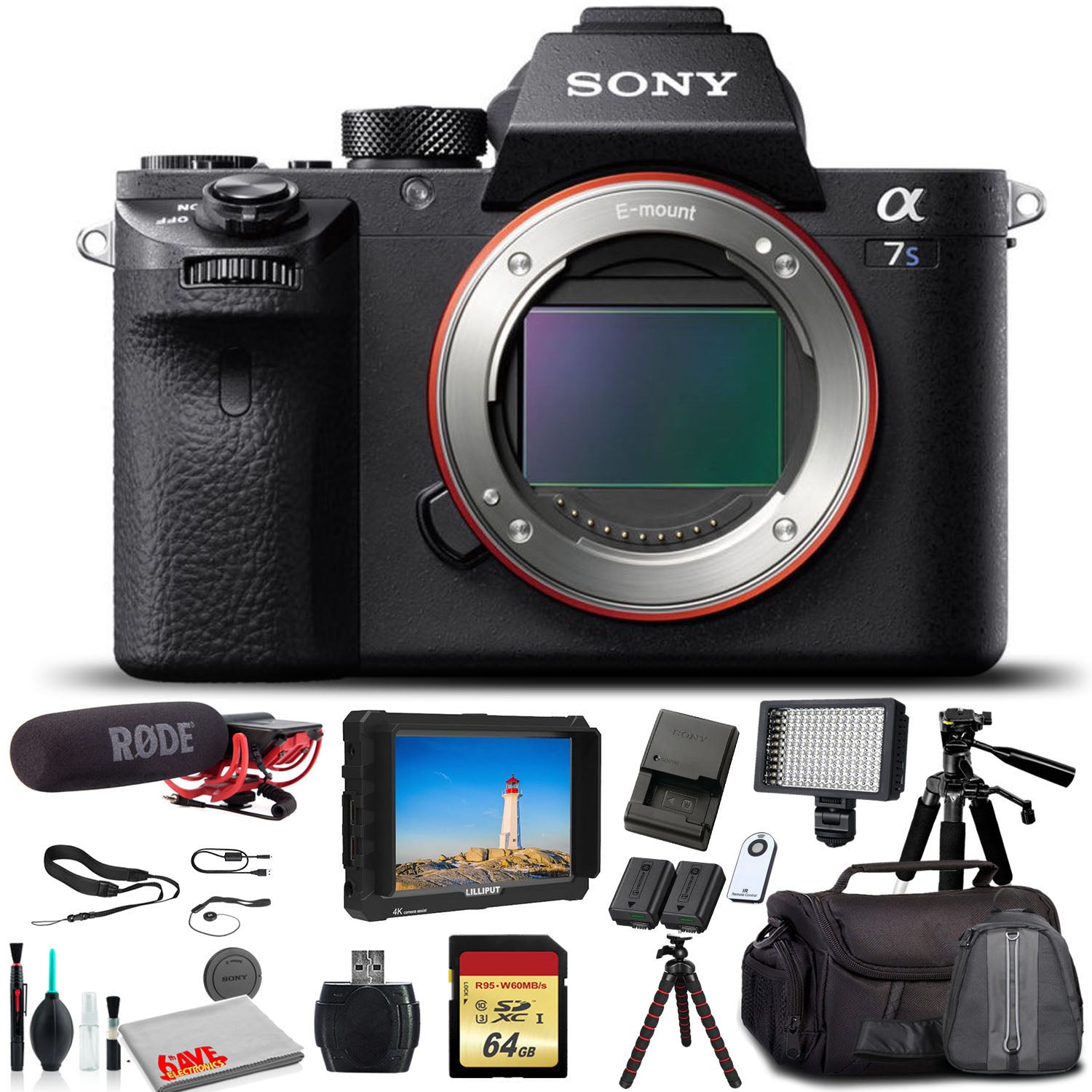 Sony Alpha a7S II Mirrorless Camera ILCE7SM2/B With Soft Bag, Tripod, Additional Battery, Rode Mic, LED Light, 64GB Memory Card, Sling Soft Bag, Card Reader , Plus Essential Accessories