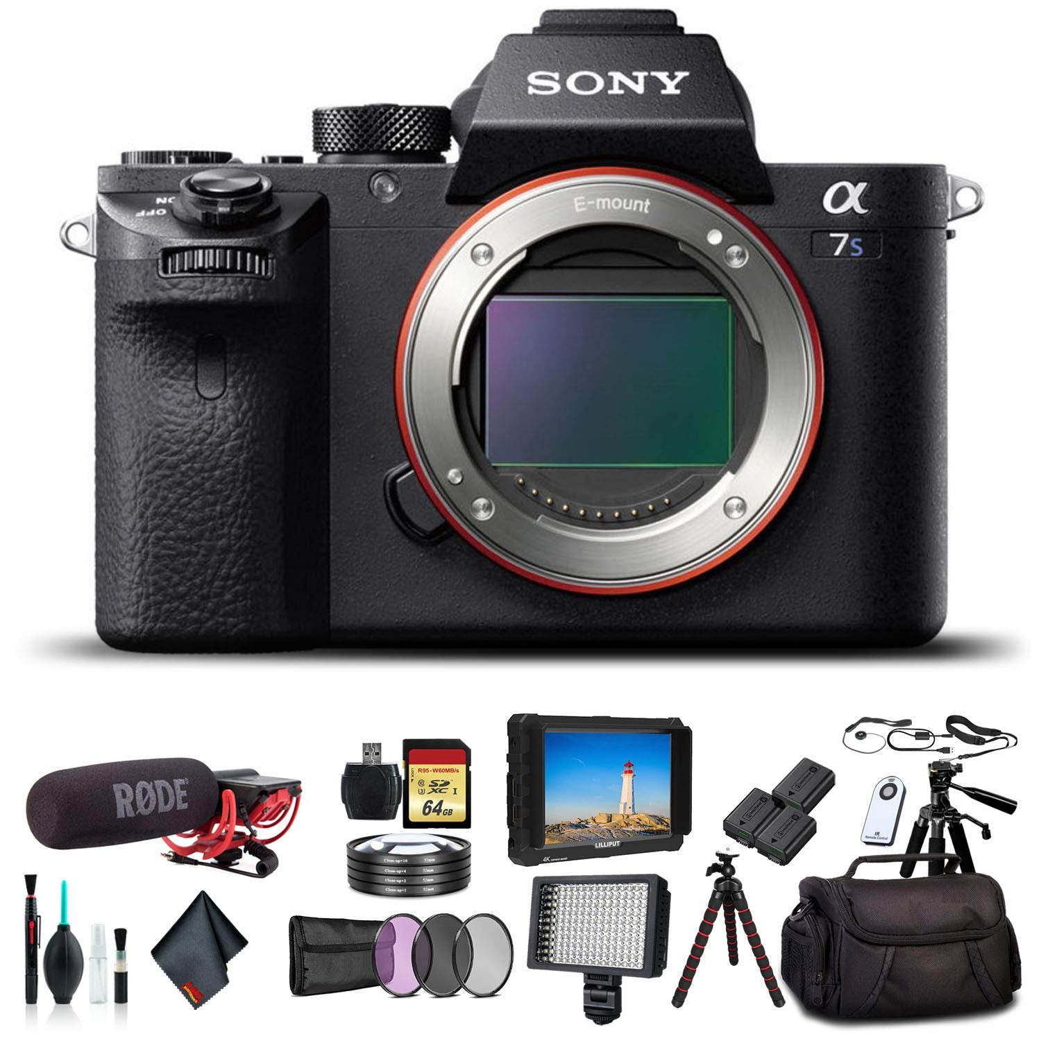 Sony Alpha a7S II Mirrorless Camera ILCE7SM2/B With Soft Bag, 2x Extra Batteries, Rode Mic, LED Light, External Monitor, 2x 64GB Memory Card, Sling Soft Bag, Card Reader , Plus Essential Accessories