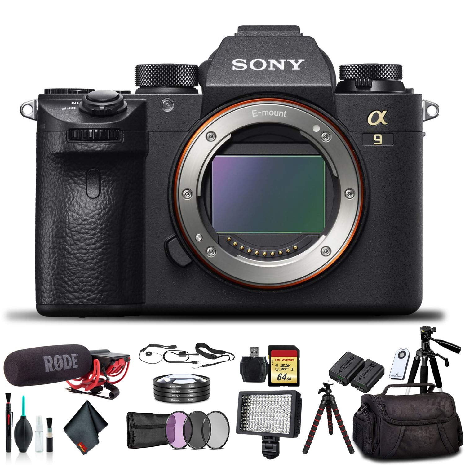 Sony Alpha a9 Mirrorless Camera ILCE9/B With Soft Bag, Tripod, Additional Battery, Rode Mic, LED Light, 64GB Memory Card, Sling Soft Bag, Card Reader , Plus Essential Accessories