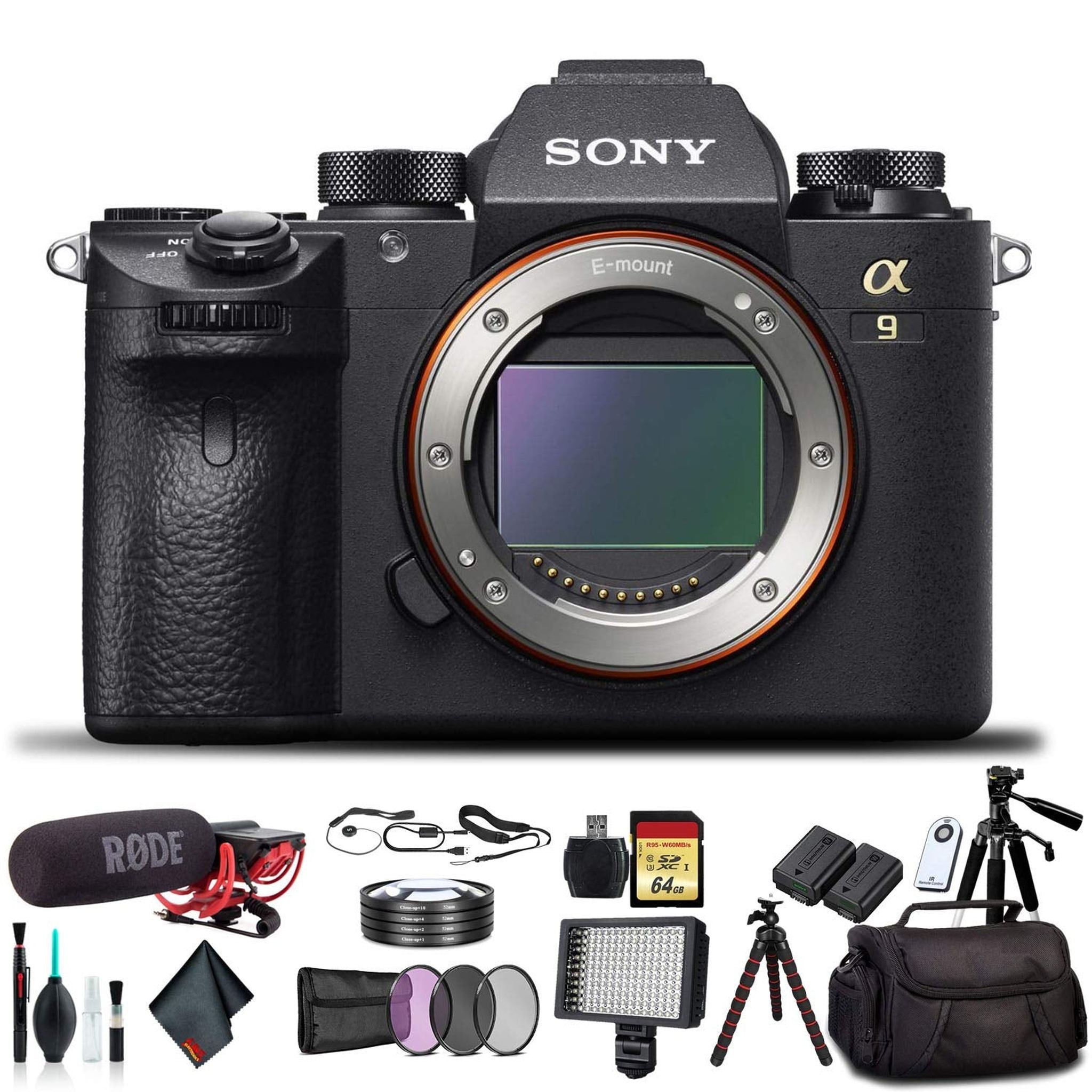 Sony Alpha a9 Mirrorless Camera ILCE9/B with Soft Bag, Tripod, Additional Battery, Rode Mic, LED Light, 64GB Memory Card - Used Sony