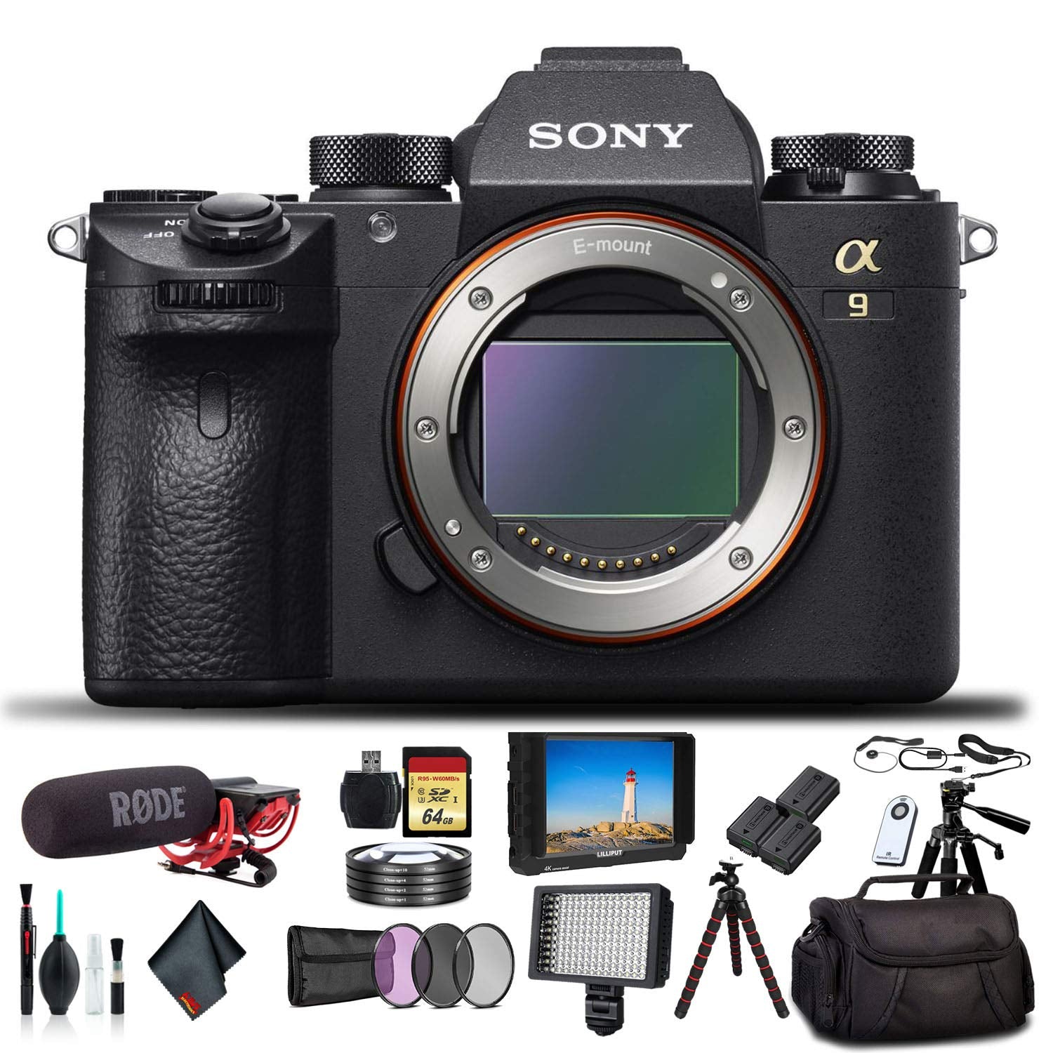 Sony Alpha a9 Mirrorless Camera ILCE9/B With Soft Bag, 2x Extra Batteries, Rode Mic, LED Light, External HD Monitor, 2x 64GB Memory Card, Sling Soft Bag, Card Reader , Plus Essential Accessories