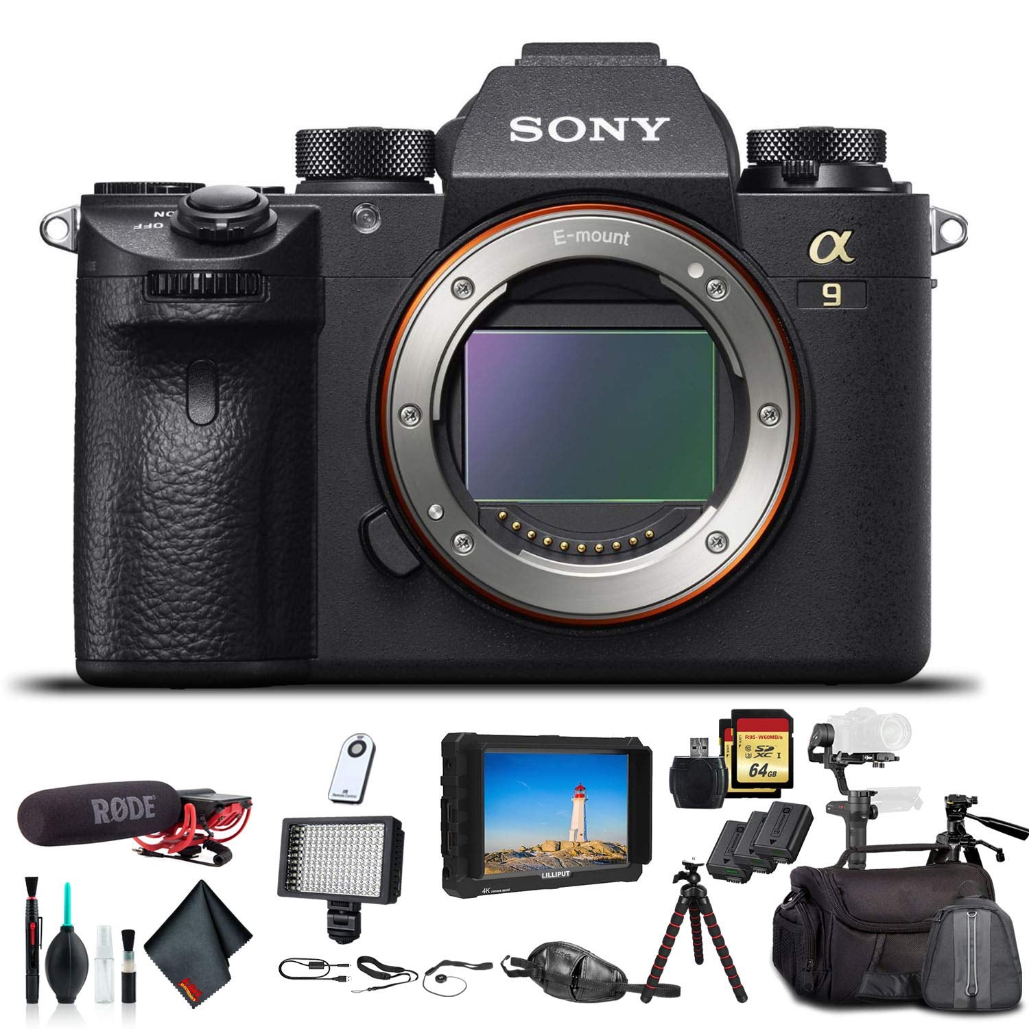 Sony Alpha a9 Mirrorless Camera ILCE9/B With Soft Bag, Zhiyun-Tech WEEBILL Stabilizer, Tripod, 2x Extra Batteries, Rode Mic, LED Light, 2x 64GB Memory Cards, External 4K Monitor