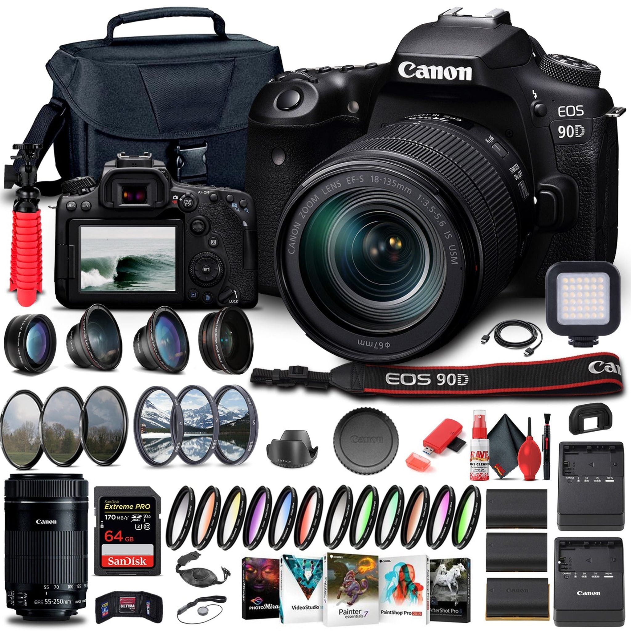 Canon EOS 90D Camera W/ 18-135mm and EF-S 55-250mm Lenses - Advanced Bundle - Reconditioned Canon