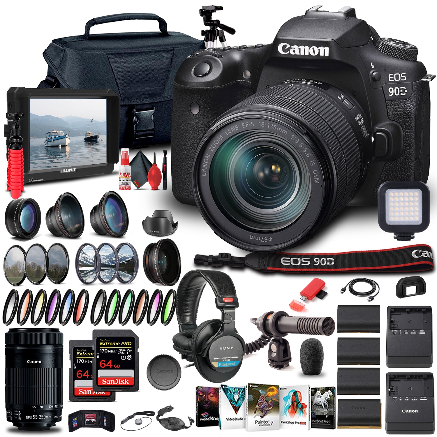 Canon EOS 90D Camera W/ 18-135mm and Canon EF-S 55-250mm Lenses  - Pro Bundle