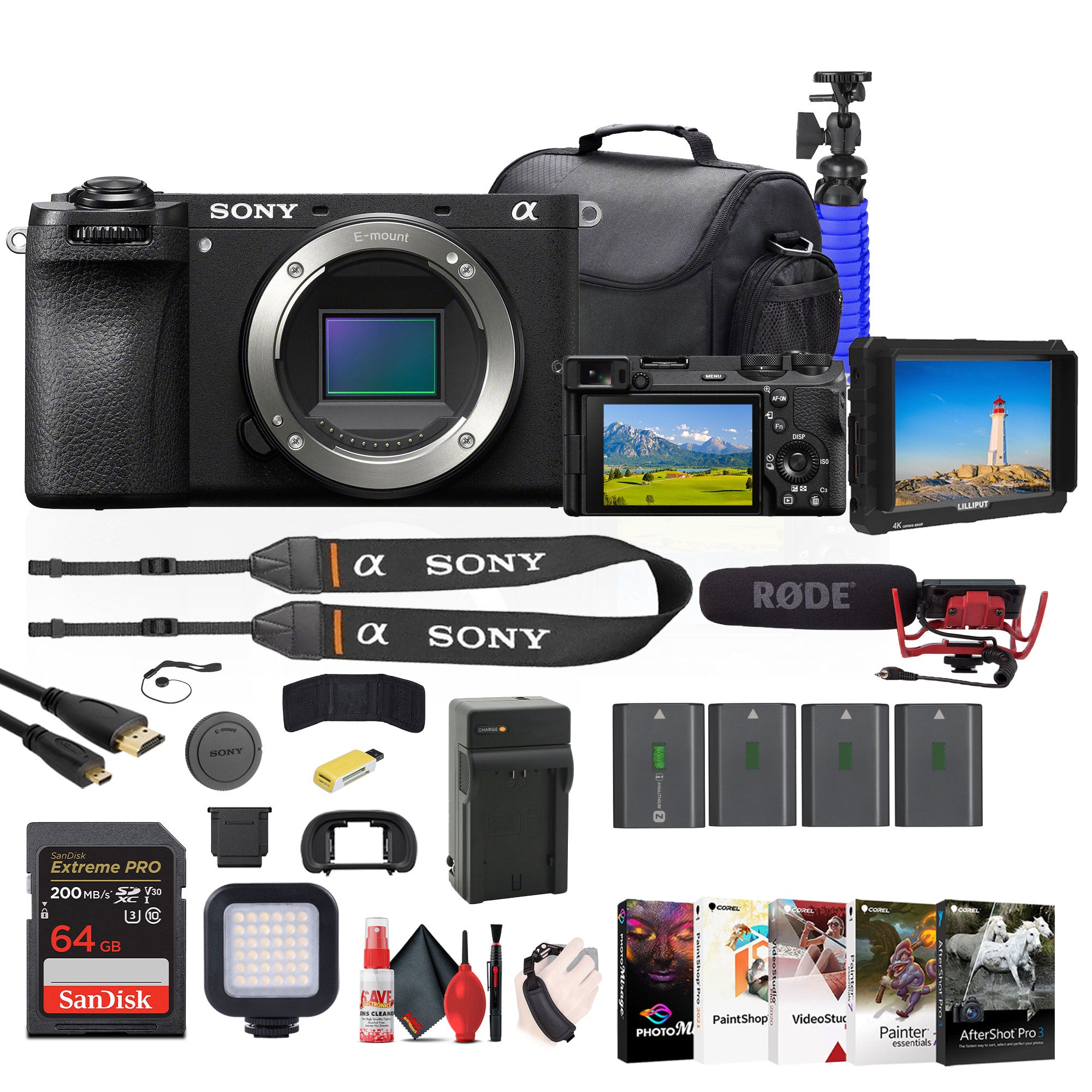 Sony a6700 Mirrorless Camera + 4K Monitor + Rode VideoMic + 2 x 64GB Card + More