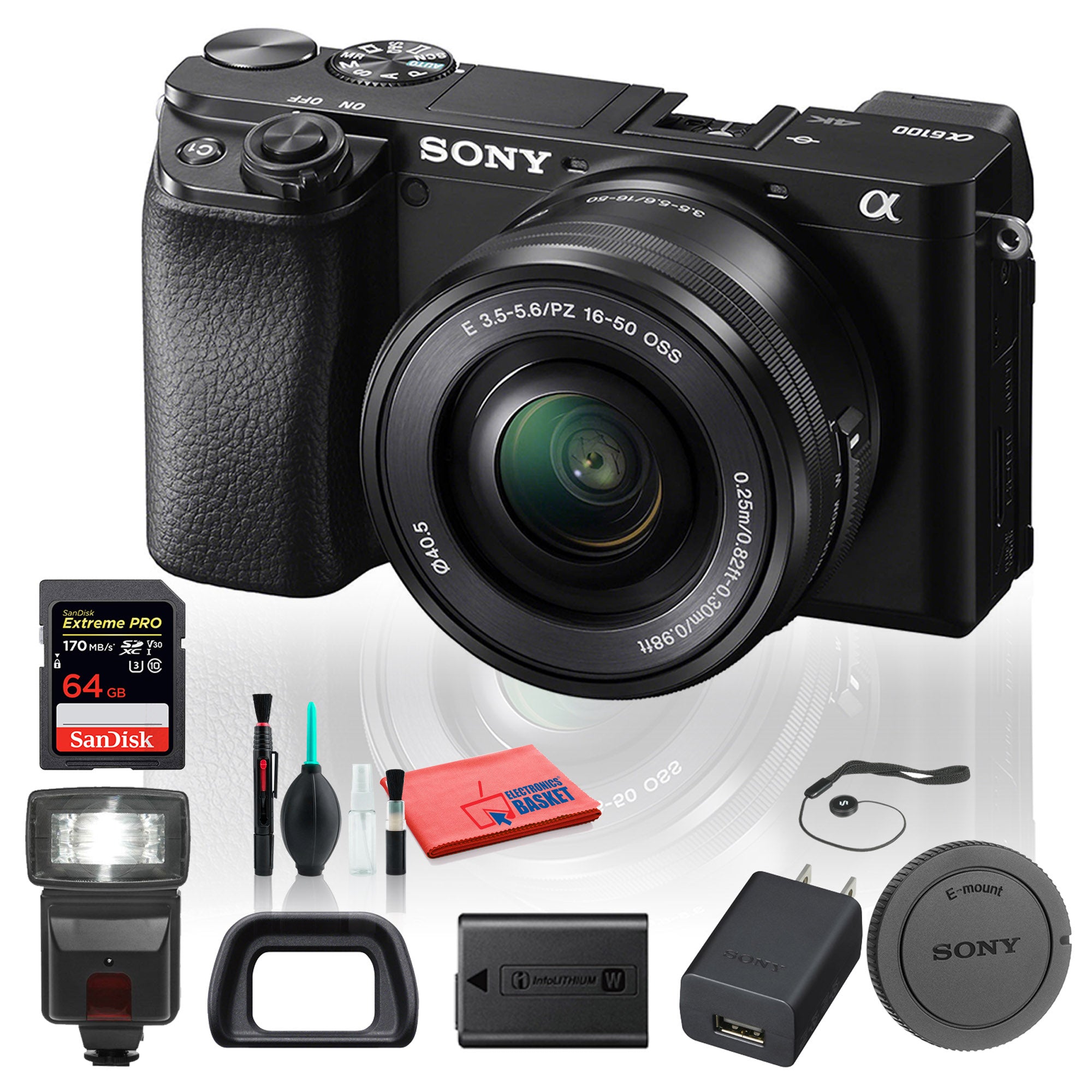 Sony Alpha a6100 Mirrorless Digital Camera ILCE6100L/B with 16-50mm Lenses With Flash, 64GB Memory Card, Cleaning Set and More - Base Bundle