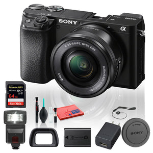 Sony Alpha a6100 Mirrorless Digital Camera ILCE6100L/B with 16-50mm Lenses With Flash, 64GB Memory Card, Cleaning Set and More - Base Bundle Sony