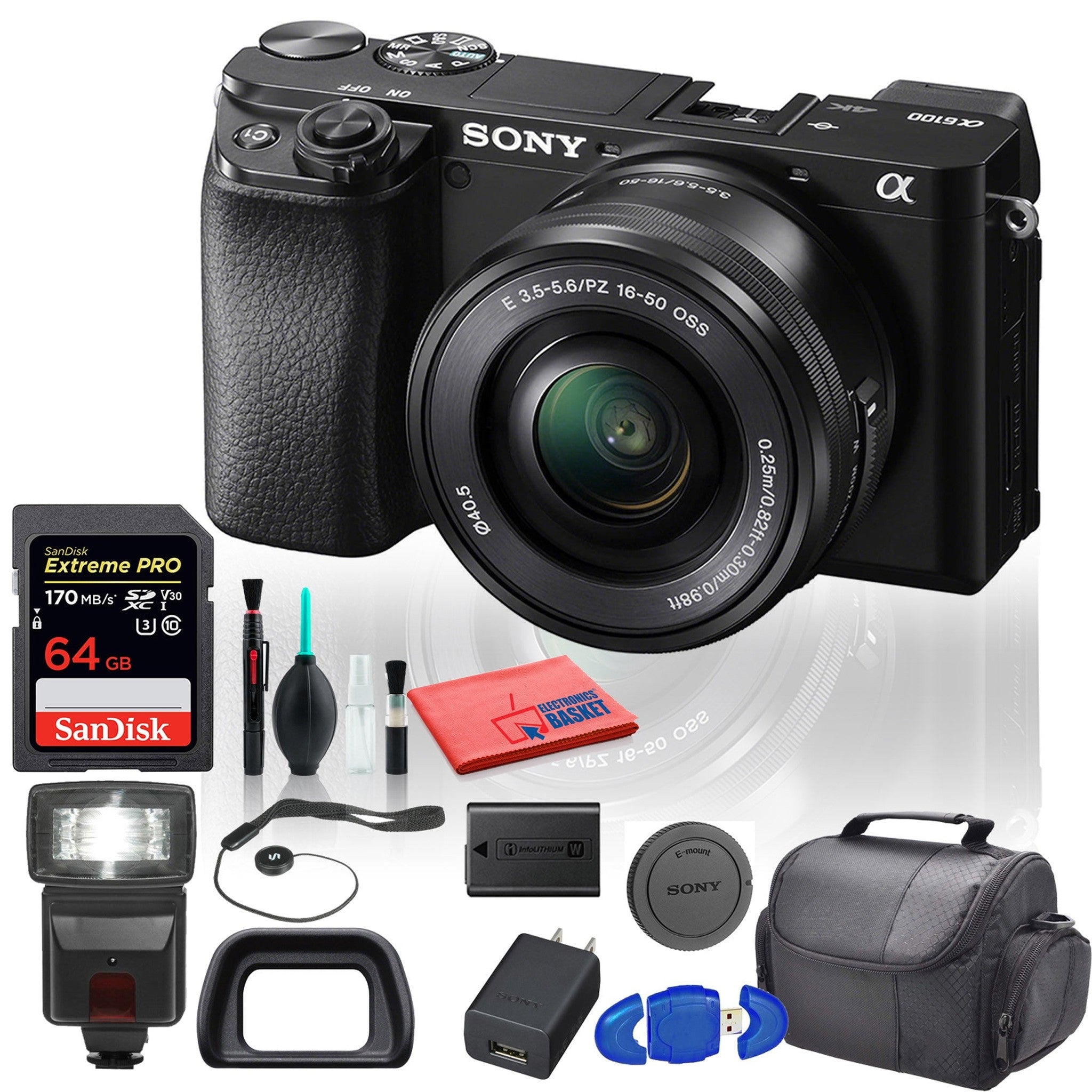 Sony Alpha a6100 Mirrorless Digital Camera ILCE6100L/B with 16-50mm Lenses With Flash, 64GB Memory Card, Padded Bag, and More - Beginner Bundle Sony