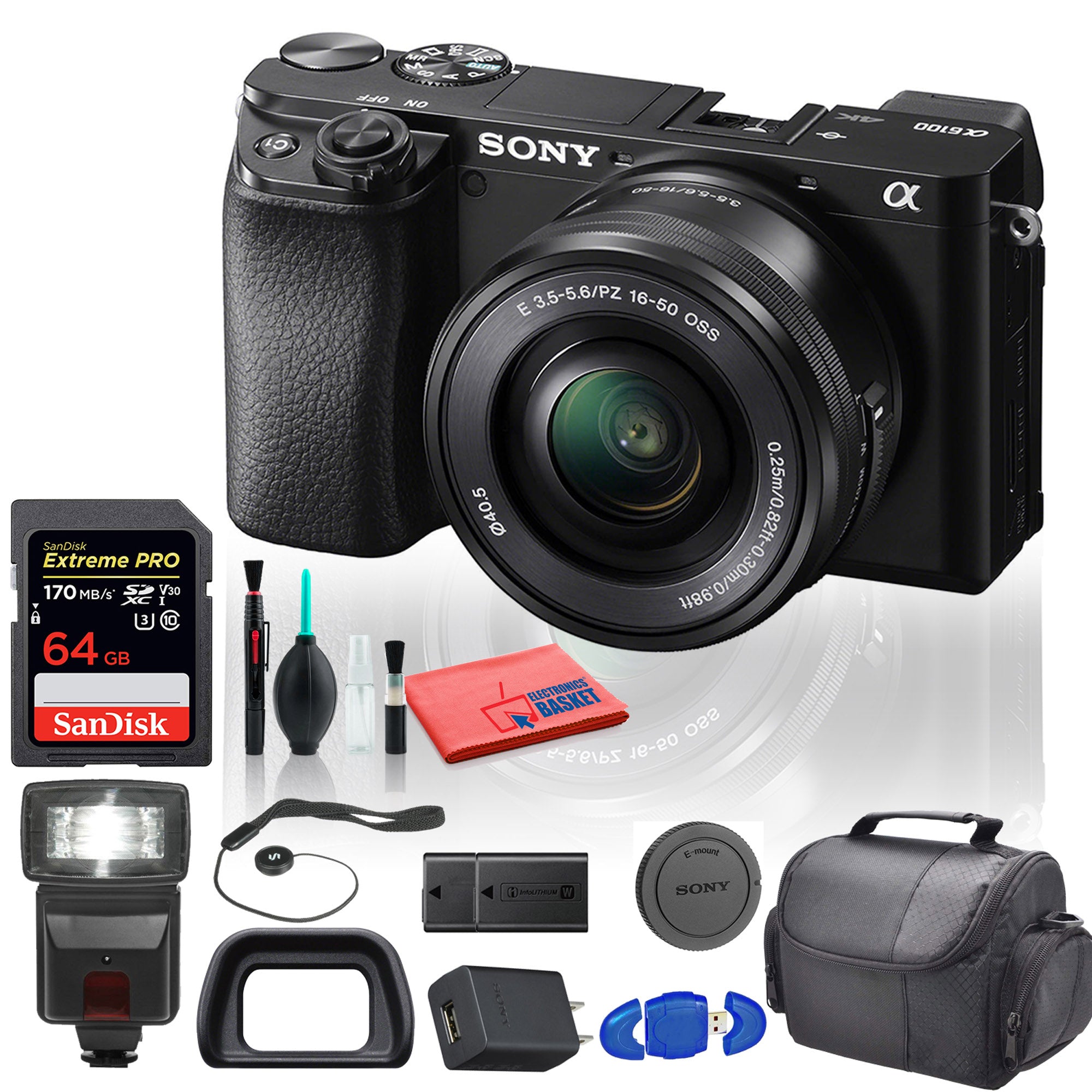 Sony Alpha a6100 Mirrorless Digital Camera ILCE6100L/B with 16-50mm Lenses With Flash, Extra Battery, 64GB Memory Card, Padded Bag, and More - Extra Battery Bundle