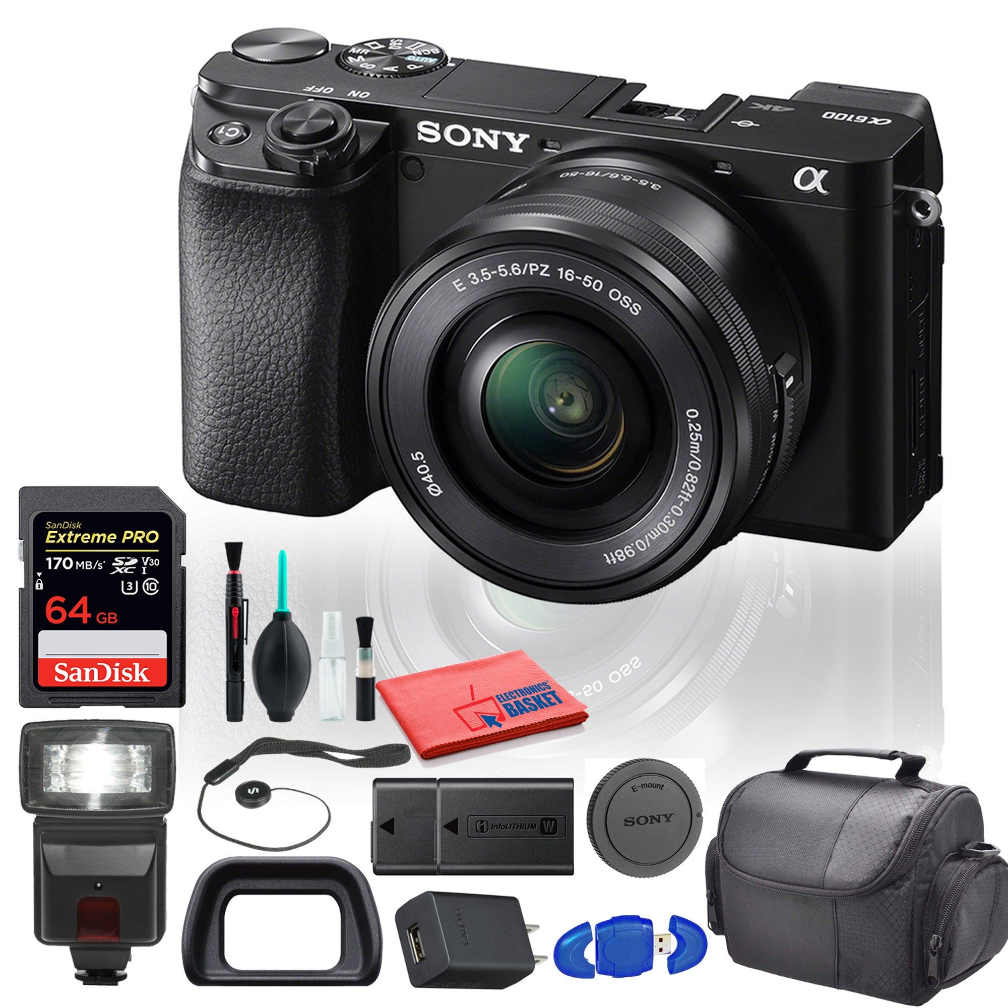 Sony Alpha a6100 Mirrorless Digital Camera ILCE6100L/B with 16-50mm Lenses With Flash, Extra Battery, Tripod, 64GB Memory Card, Padded Bag, and More - Advanced Bundle