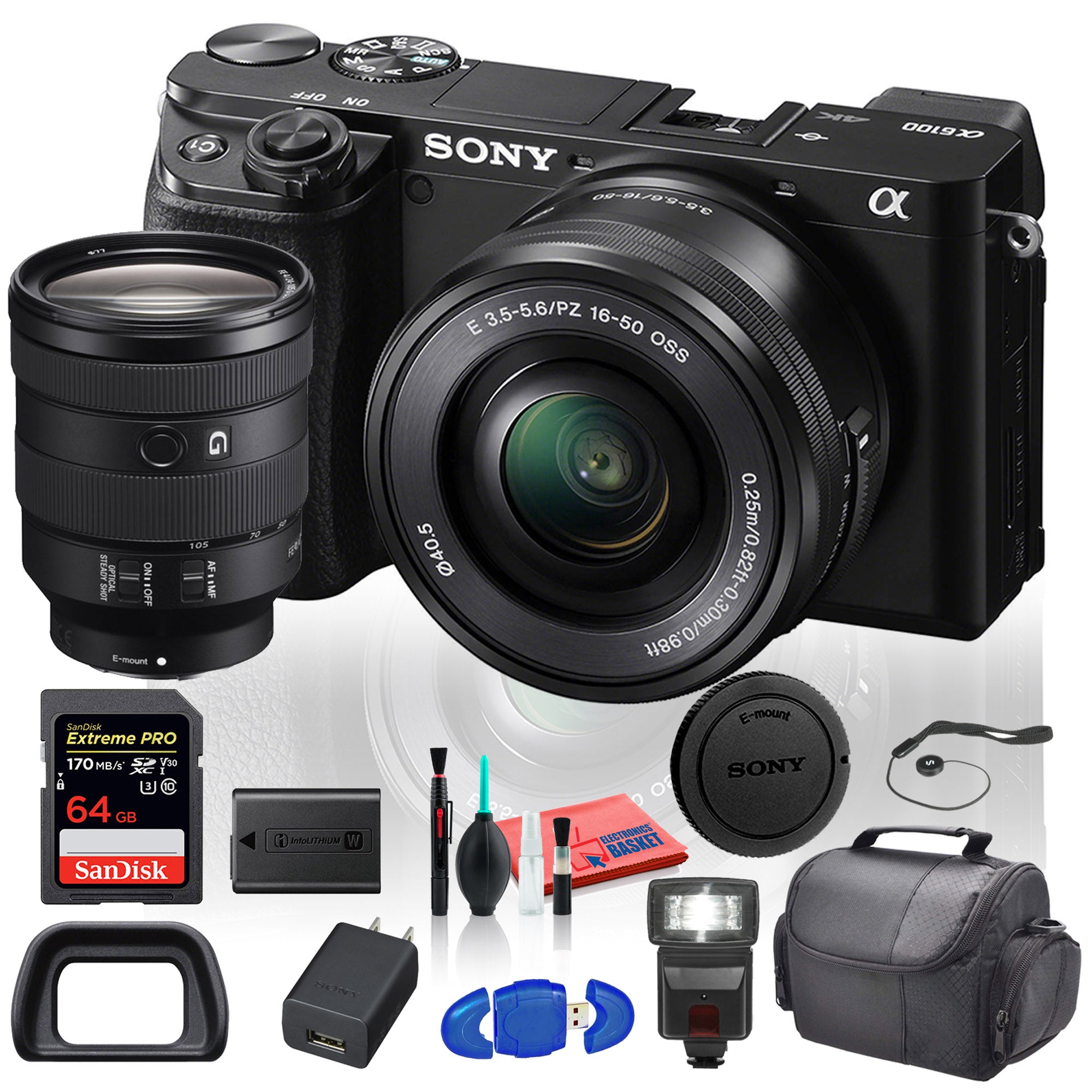 Sony Alpha a6100 Mirrorless Digital Camera ILCE6100L/B with 16-50mm Lenses With Sony FE 24-105mm f/4 G OSS Lens, Flash, Soft Case, 64GB Card - Lens Bundle